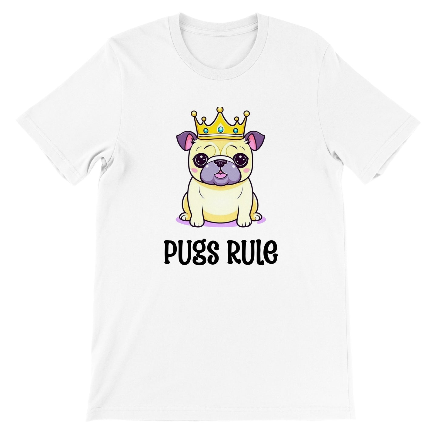 White t-shirt with  an image of a Kawaii-icon style pug on it. The pug is yellowy-beige with purple ears and purple-gray jowls, and the words "Pugs rule" are written under it.