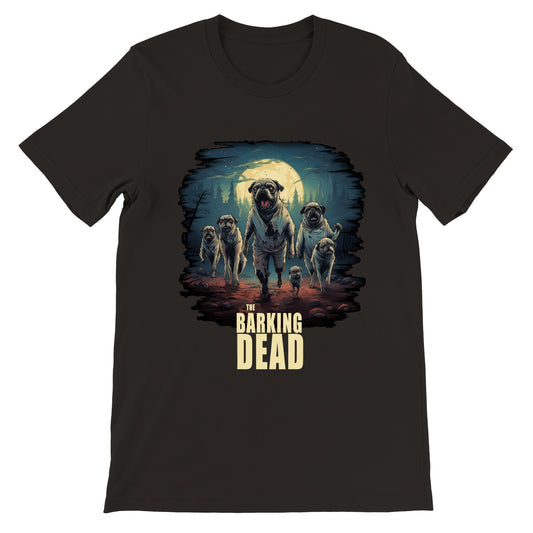 Black t-shirt with the image of a group of zombie pugs walking through a forest on a spooky moonlit night with the words "The barking dead" underneath the image