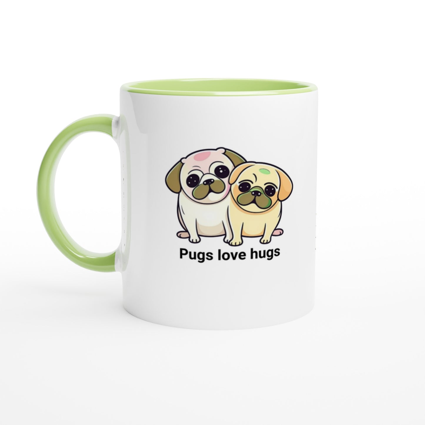 Pugs love hugs -- White 11oz Ceramic Pug Mug with Color Inside