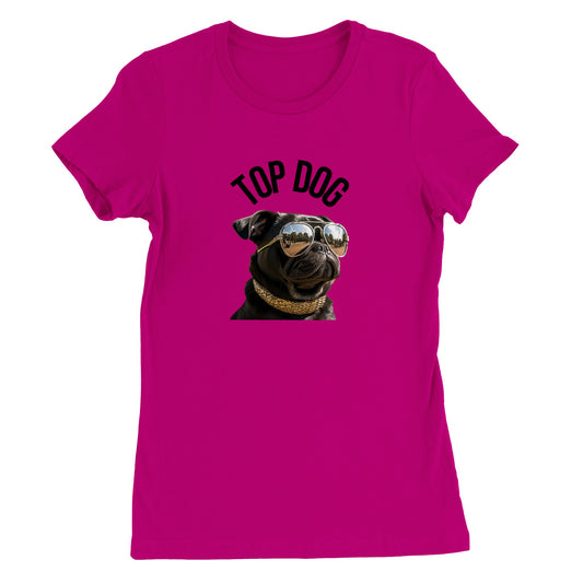 Dark pink t-shirt with the image of a black pug wearing reflective aviator sunglasses and a gold collar. The words "Top Dog" are written in an arc above the image.