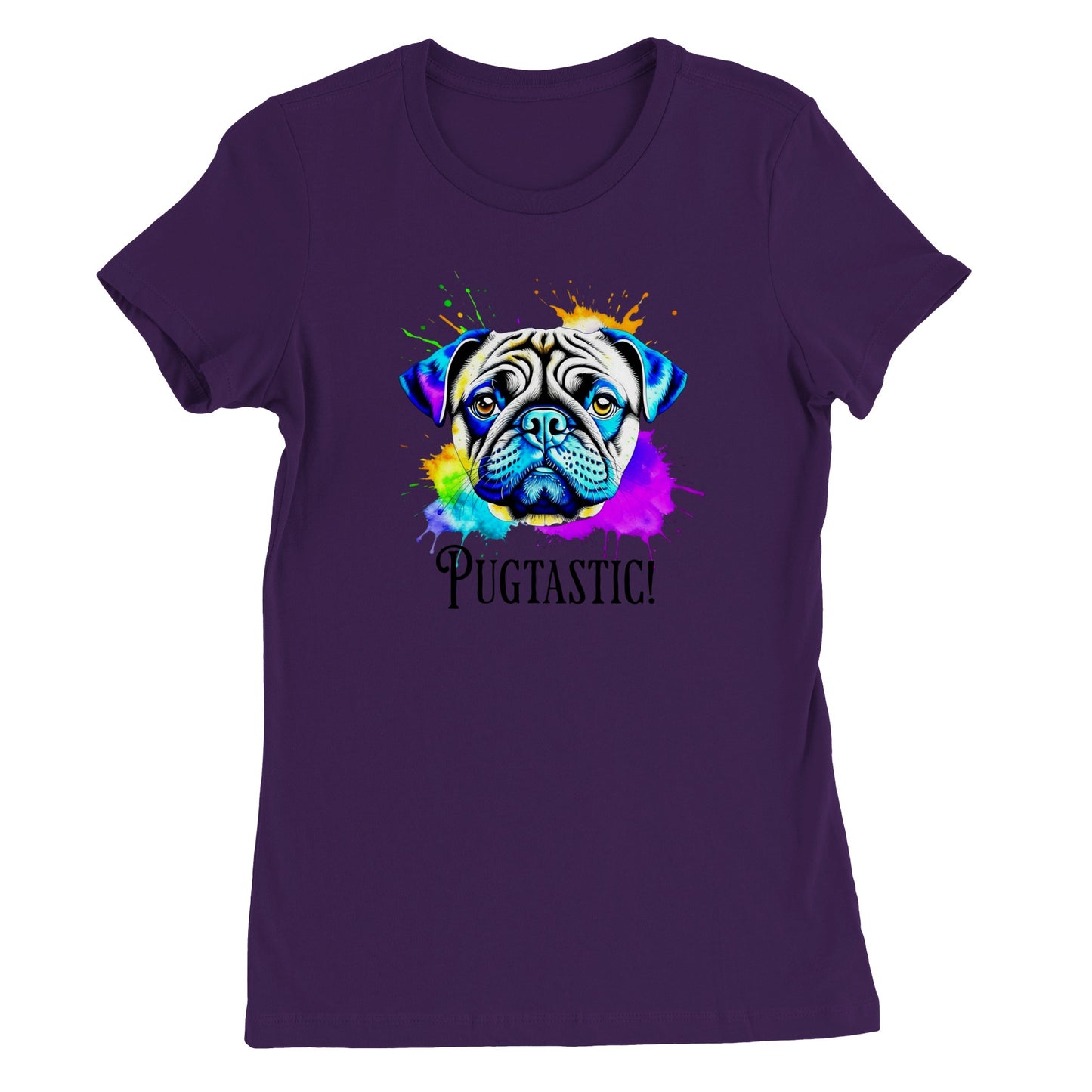 Purple t-shirt with the image of a pug done in blues, beige,  and  purple with splotches of orange, yellow, green , blue, and purple around it.  The word "Pugtastic!" is written beneath the image in all caps.