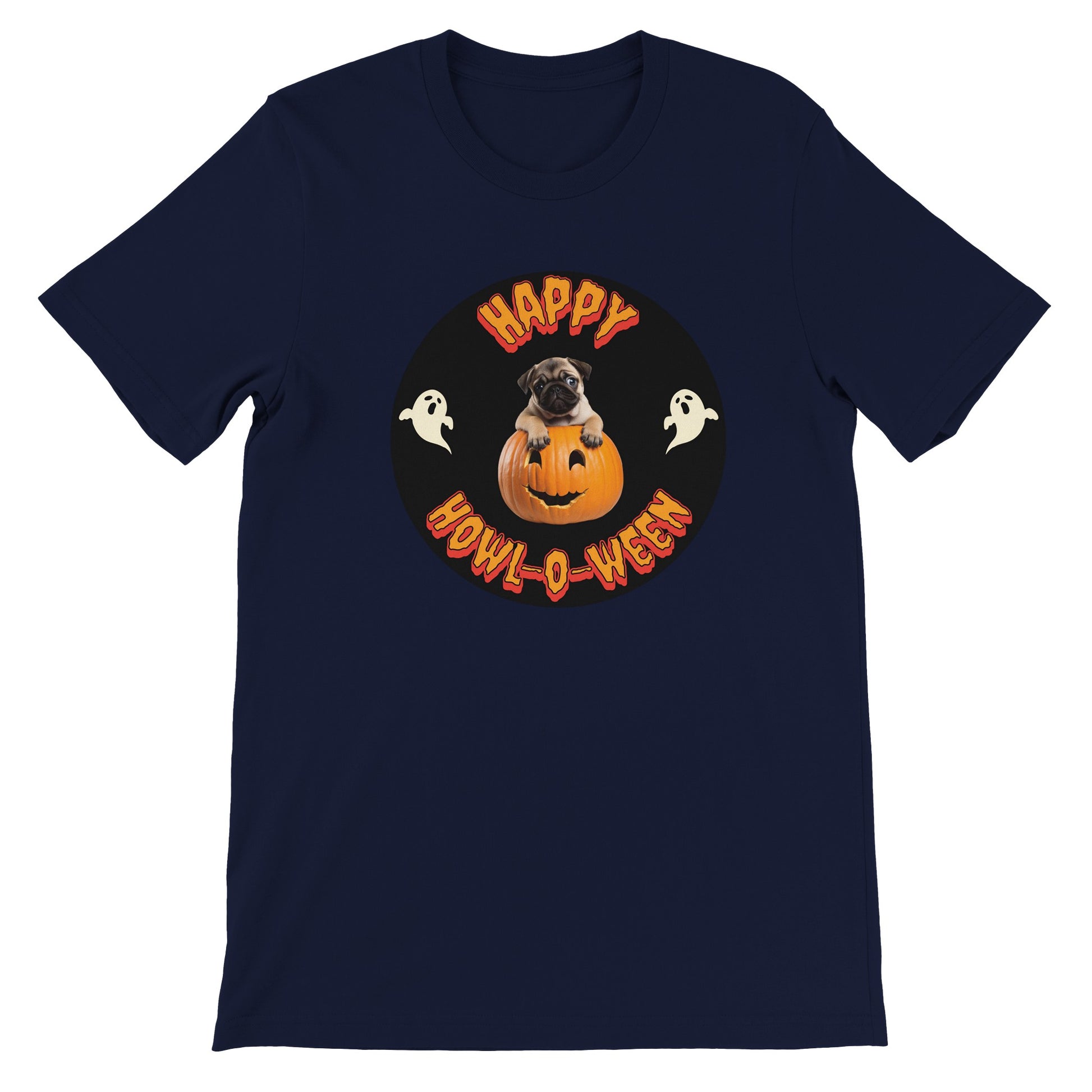 Navy blue t-shirt with a black circle in the middle. Centered in the circle is a pug puppy climbing out of a jack-o-lantern with the word "Happy" in orange spooky letters curved above the image and "Howl-o-ween" in orange spooky letters curved below the image and a white ghost on either side of the image.