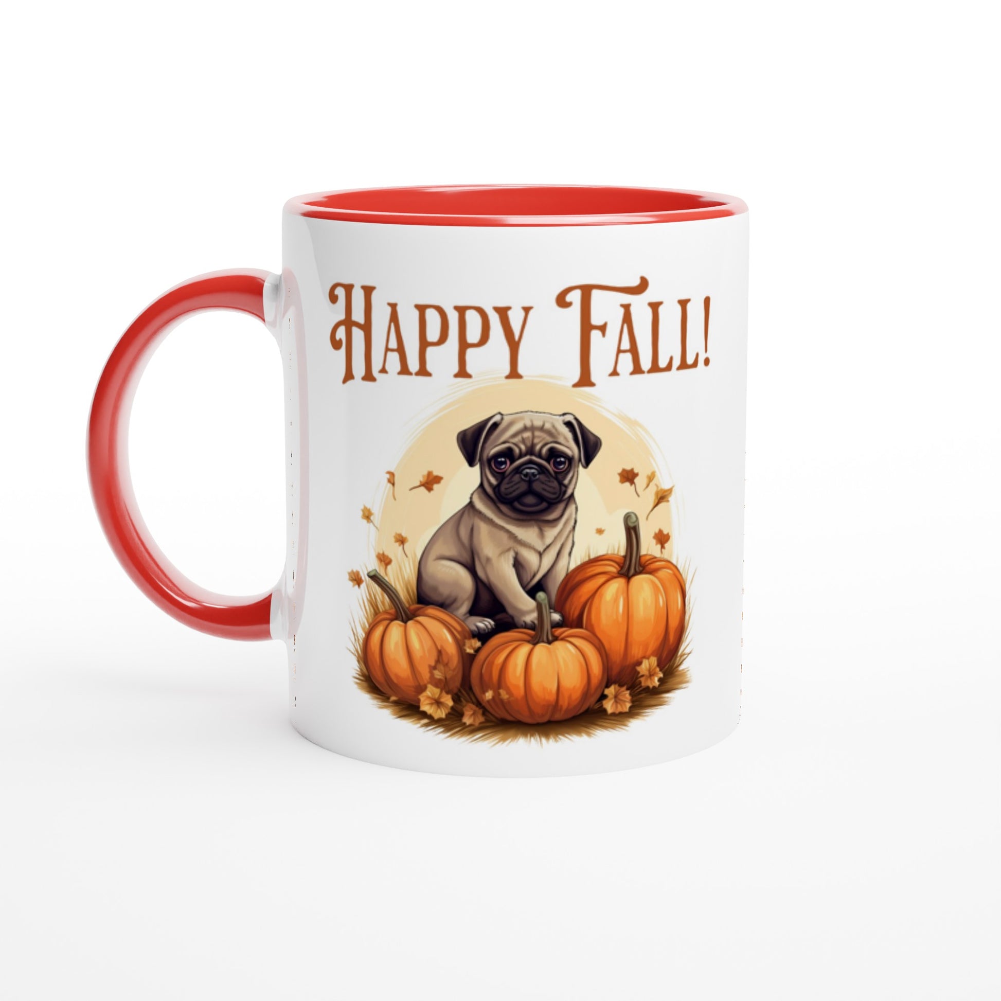 White mug with a red handle, rim, and inside with a picture of a pug sitting in a pumpkin patch