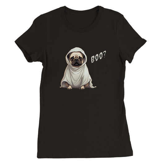 Black t-shirt with a fawn-colored cartoon-style pug on it. The pug has a concerned expression and is wearing a ghost costume. The word "Boo?" is on the right side of the image.