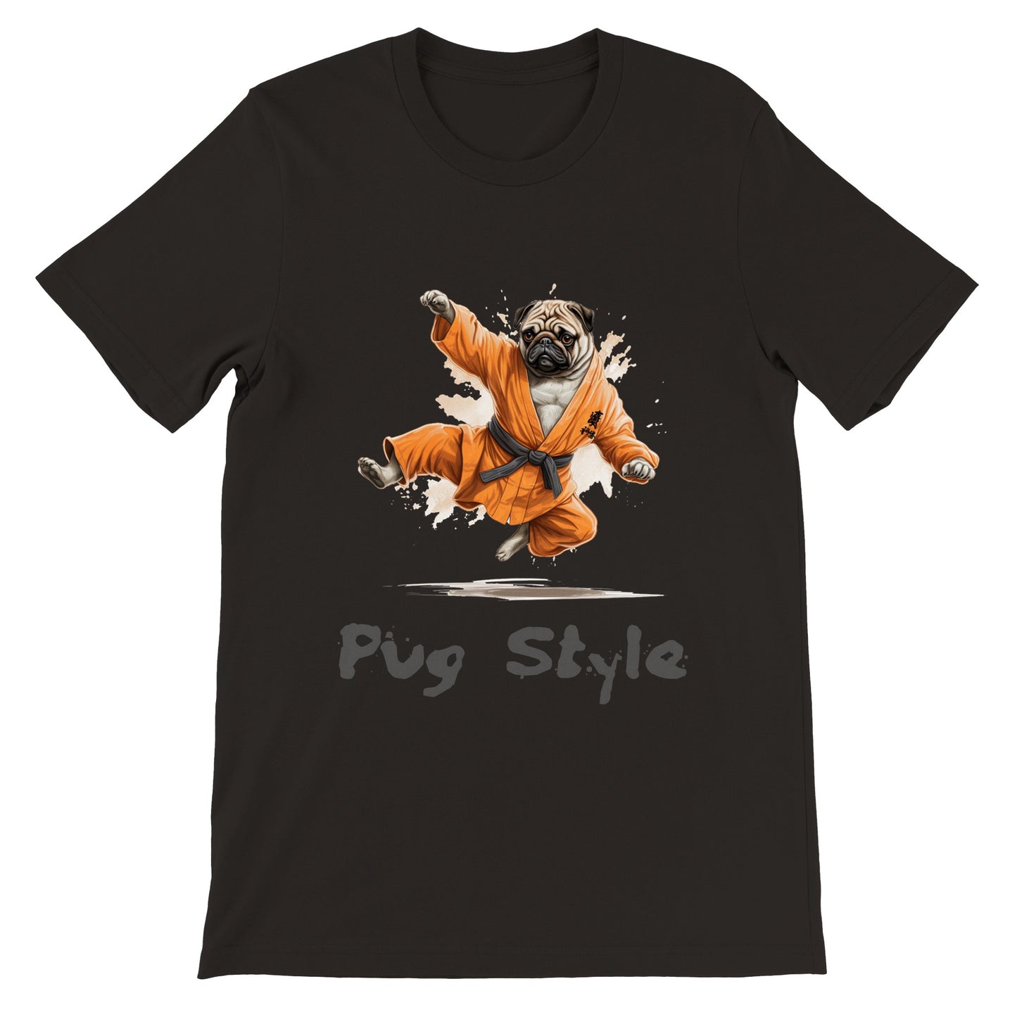 Black t-shirt with a picture of a cartoon pug wearing an orange gi and doing a flying sidekick with the words "Pug Style" written underneath.