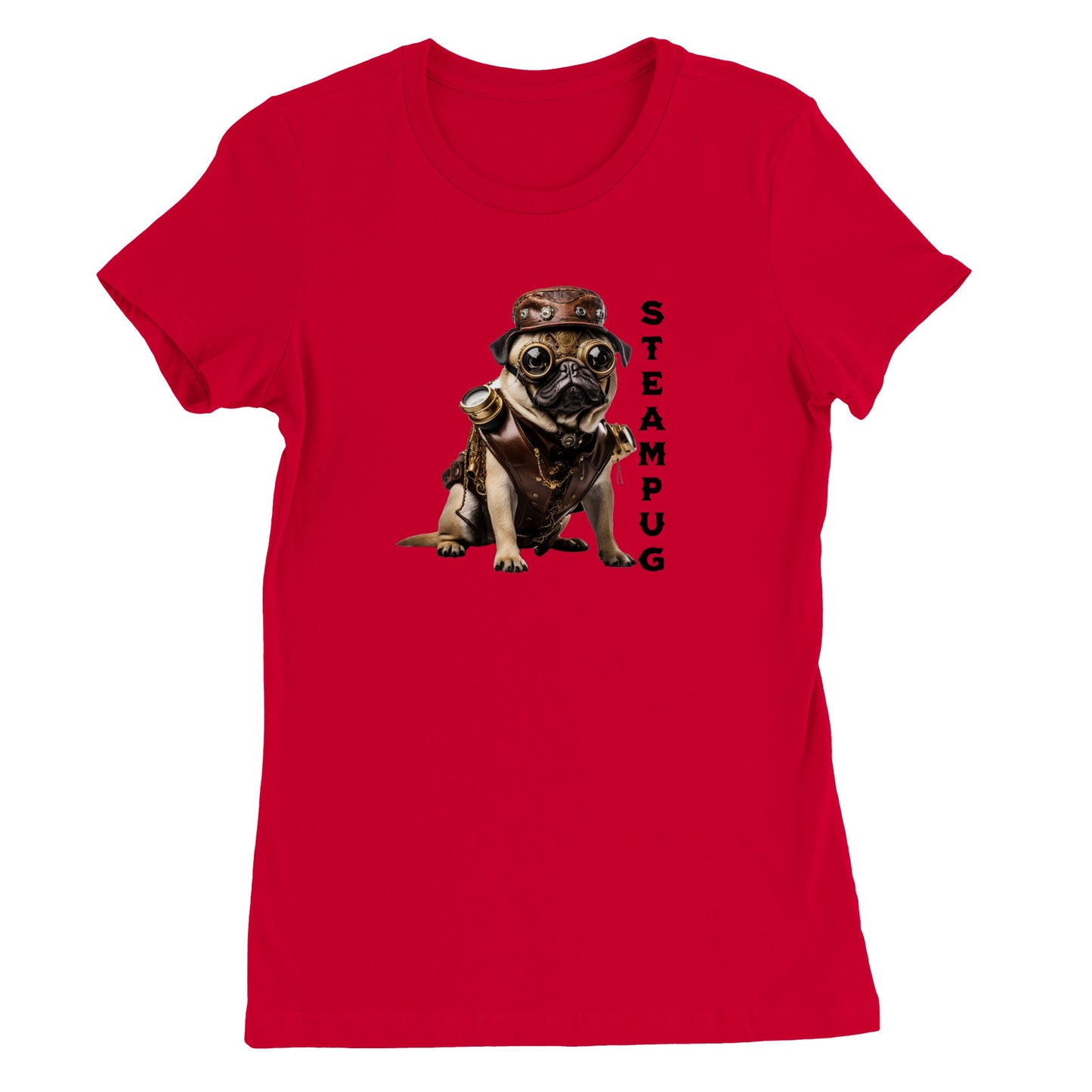 Red t-shirt with a pug dressed in a steampunk-style  outfit, goggles, and hat with the word "Steampug" written down the right side of the image.