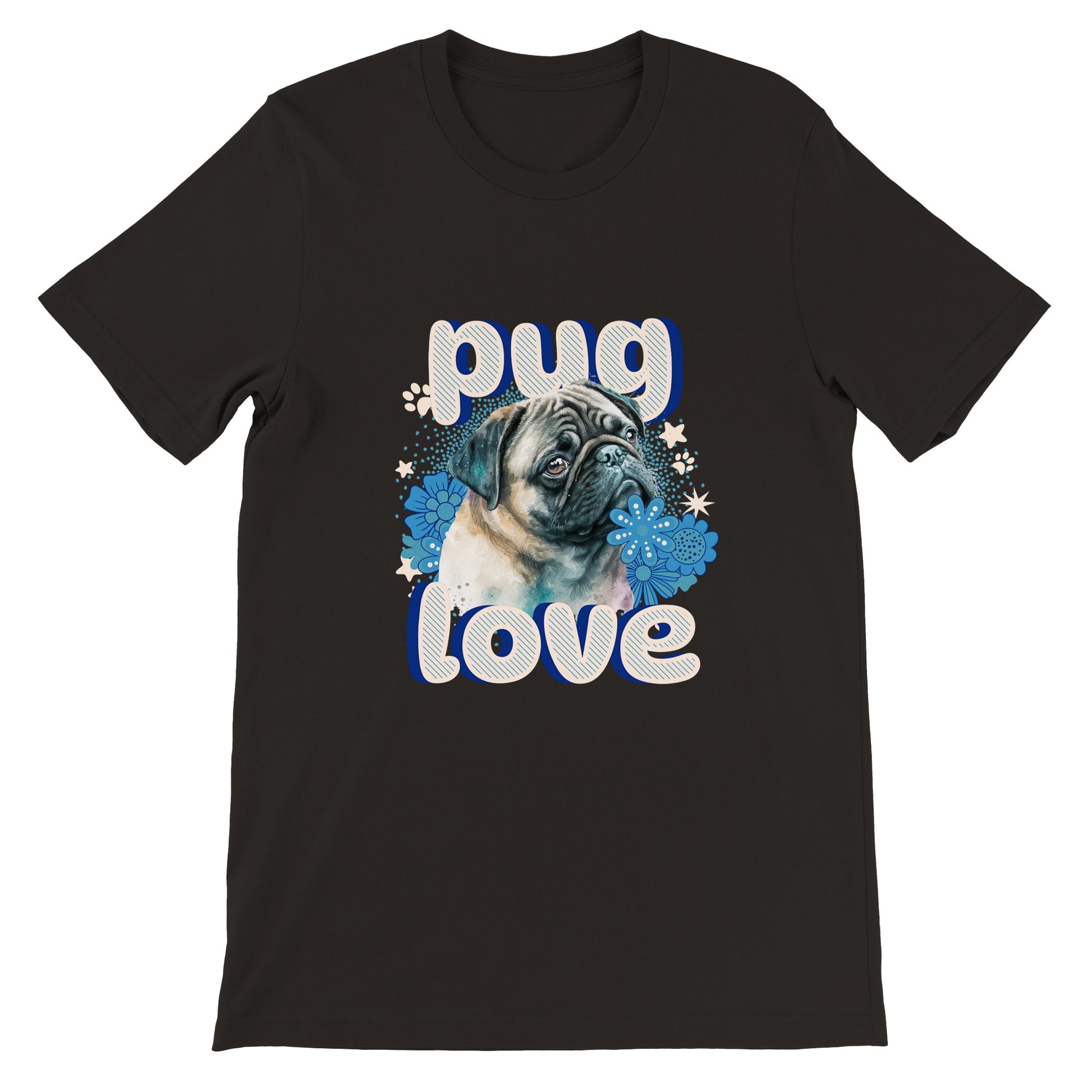 Black t-shirt with a pug's head and shoulders surrounded by blue flowers and white stars and paw prints with the word "pug" above and the word "love" below in puffy bubble letters.