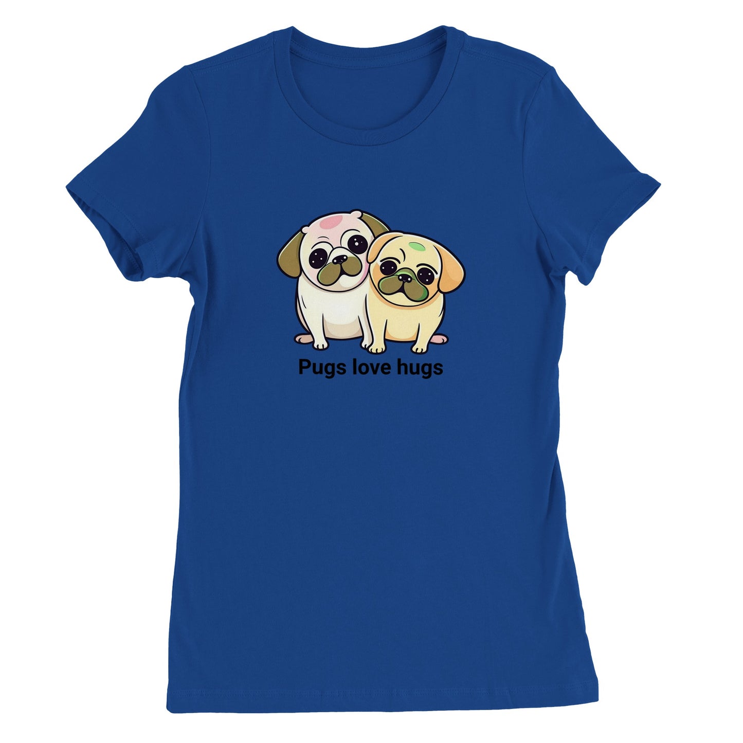 Blue t-shirt with two pugs sitting snuggled next to each other. The pugs are drawn in a cartoon Kawaii-icon style and one is more white-beige and the other iis yellow-beige. Underneath the pugs are the words "pugs love hugs."