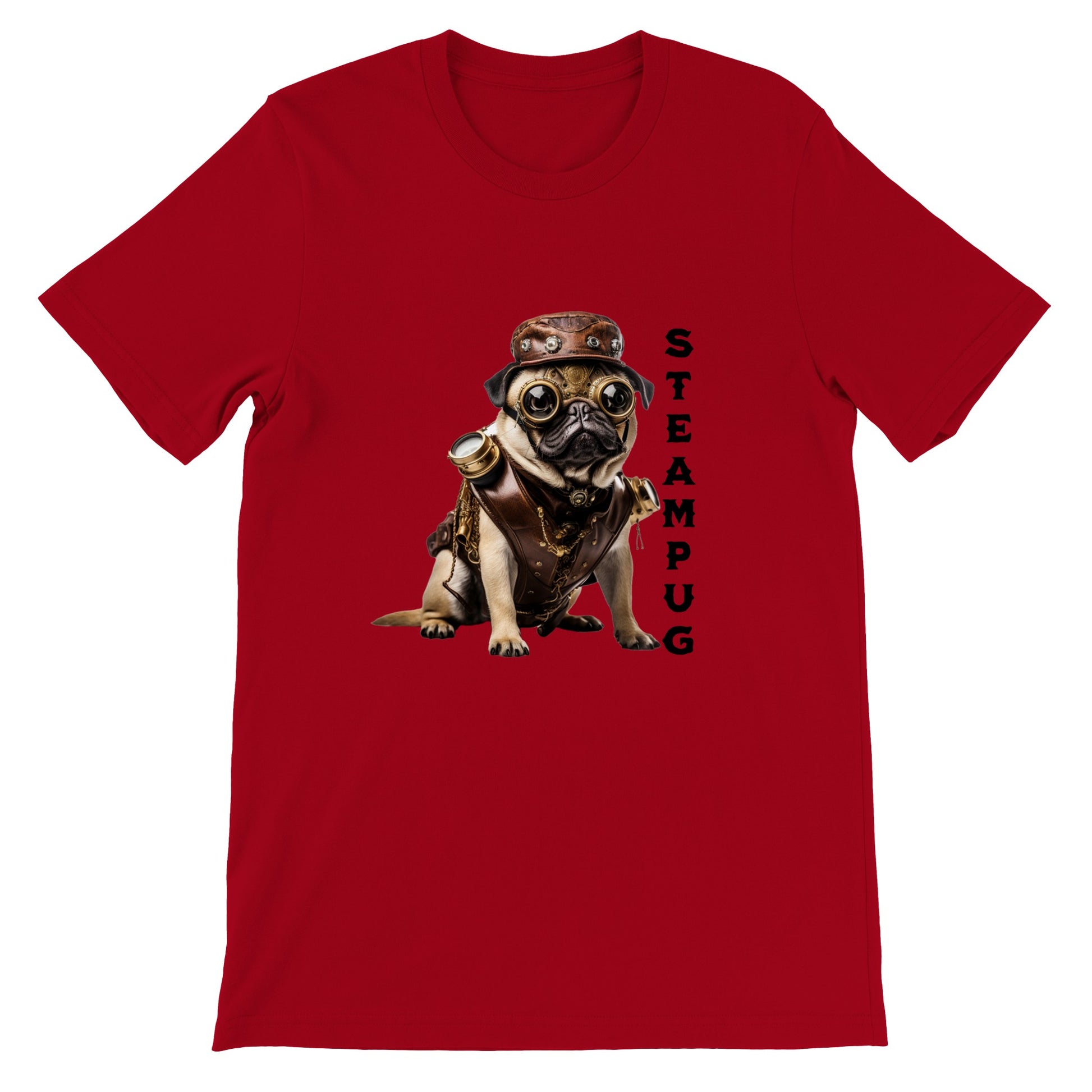 Red t-shirt with a pug dressed in a steampunk-style  outfit, goggles, and hat with the word "Steampug" written down the right side of the image.