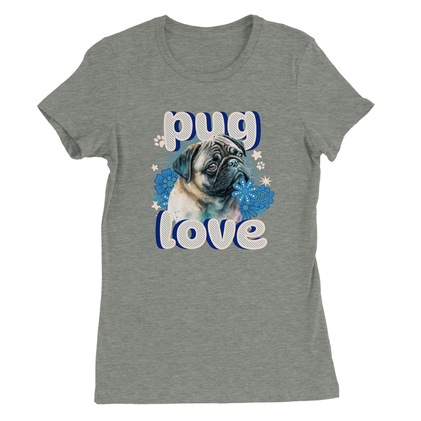 Athletic heather gray t-shirt with a pug's head and shoulders surrounded by blue flowers and white stars and paw prints with the word "pug" above and the word "love" below in puffy bubble letters.