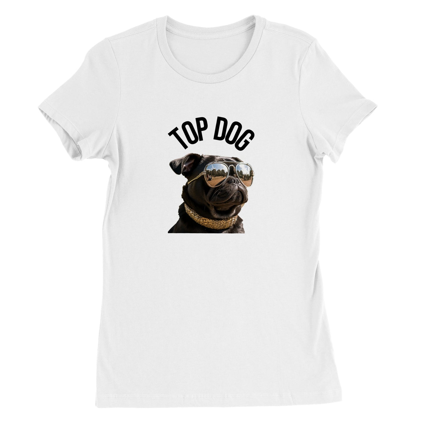 White t-shirt with the image of a black pug wearing reflective aviator sunglasses and a gold collar. The words "Top Dog" are written in an arc above the image.