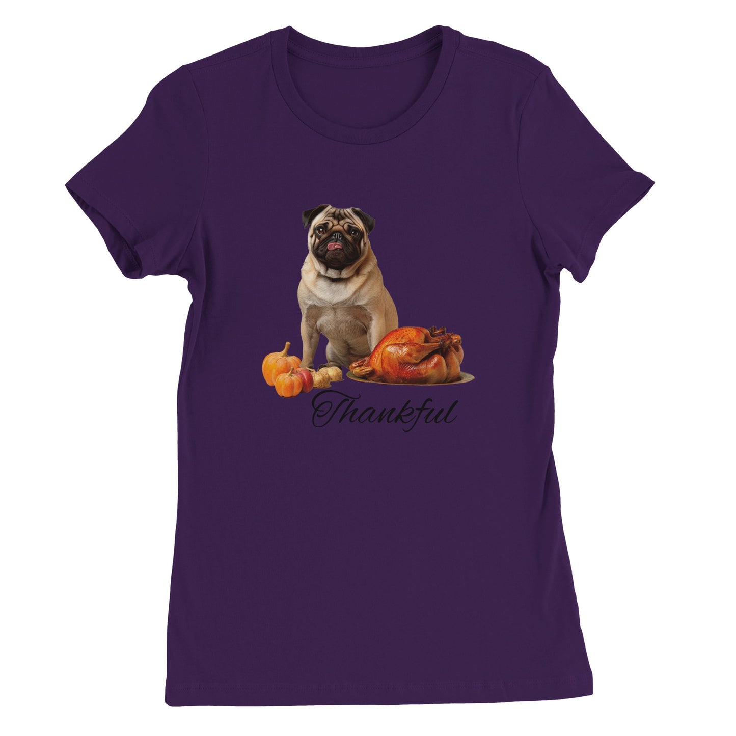 Purple women's t-shirt with a pug sitting behind pumpkins and a roast turkey with the word "Thankful" under it.