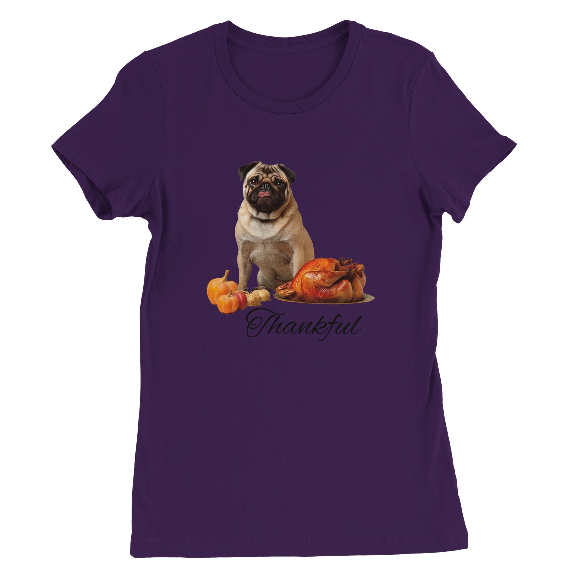 Purple women's t-shirt with a pug sitting behind pumpkins and a roast turkey with the word "Thankful" under it.