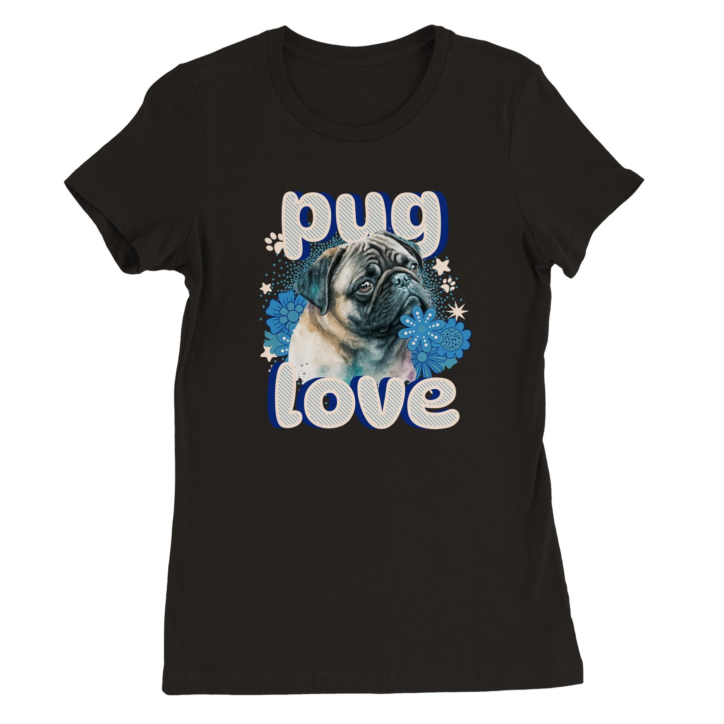 Black t-shirt with a pug's head and shoulders surrounded by blue flowers and white stars and paw prints with the word "pug" above and the word "love" below in puffy bubble letters.