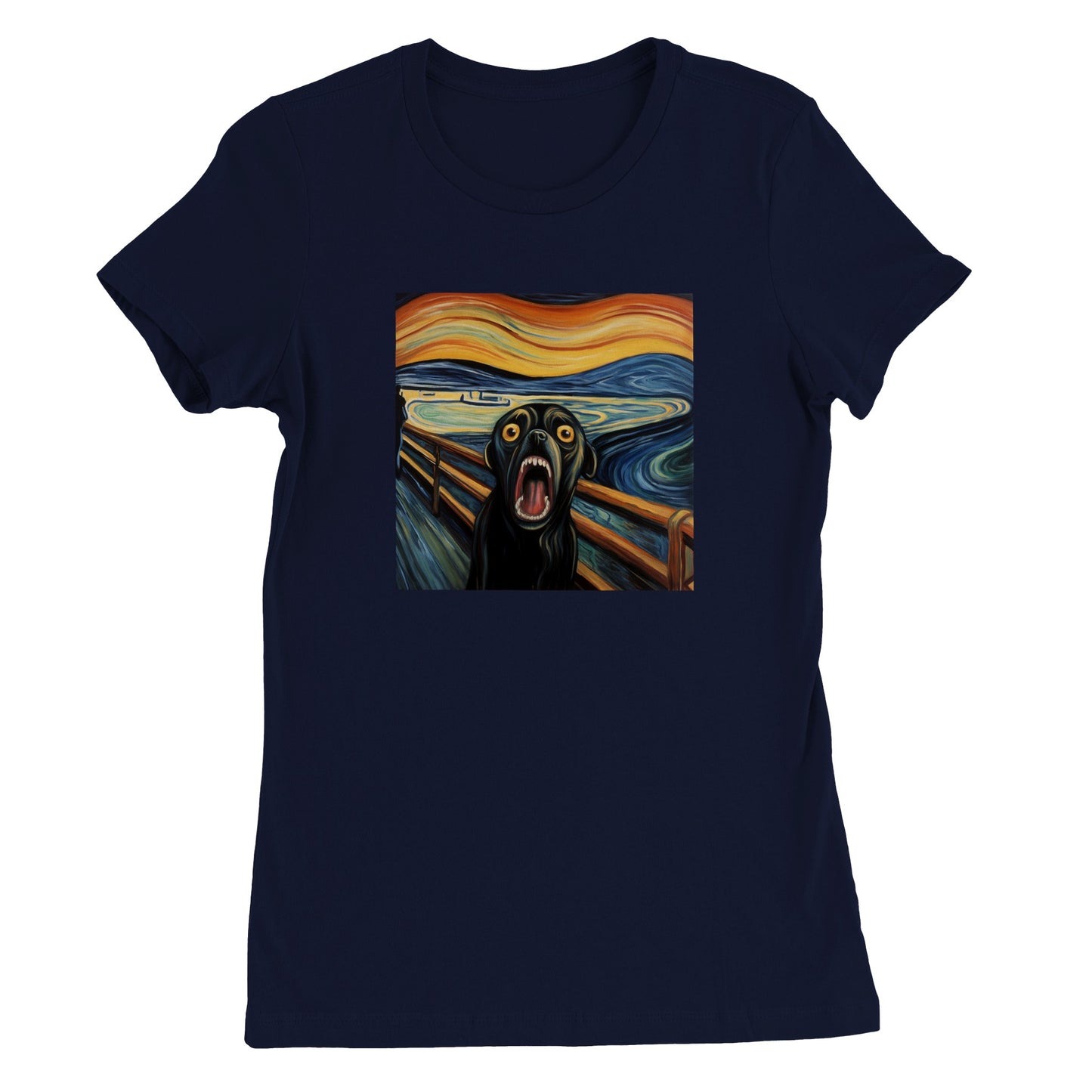 Navy blue t-shirt with a pug version of Edvard Munch's "The Scream" 