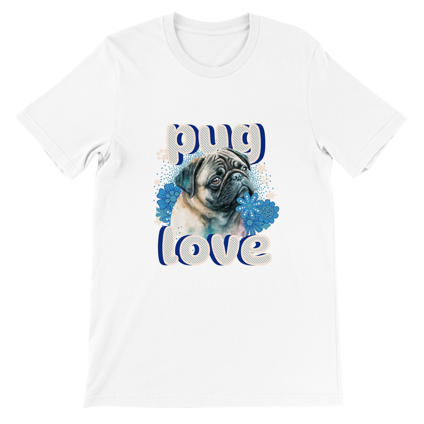 White t-shirt with a pug's head and shoulders surrounded by blue flowers and white stars and paw prints with the word "pug" above and the word "love" below in puffy bubble letters.