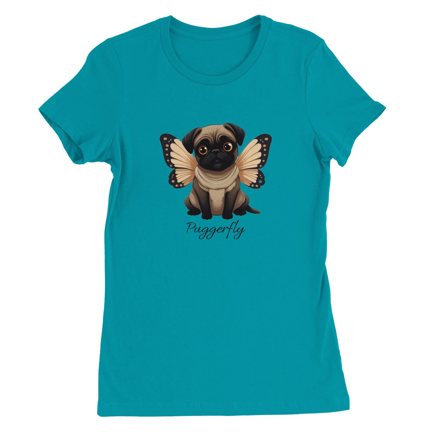 Turquoise t-shirt with a cartoon style picture of a fawn-colored pug with orangey-beige butterfly wings attached to her back and big sad eyes. The word "Puggerfly" is beneath the image.