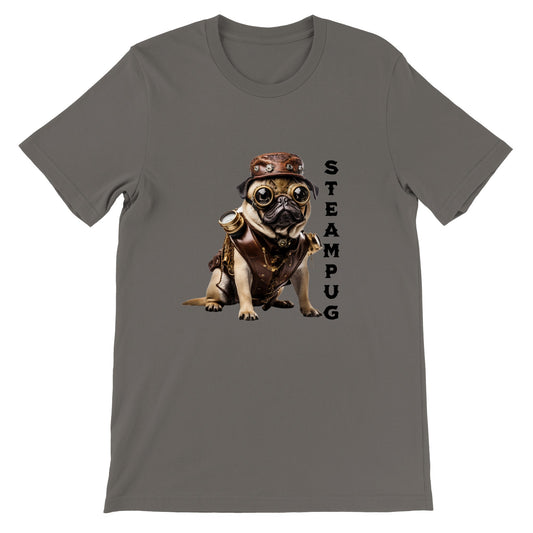 Asphalt gray t-shirt with a pug dressed in a steampunk-style  outfit, goggles, and hat with the word "Steampug" written down the right side of the image.