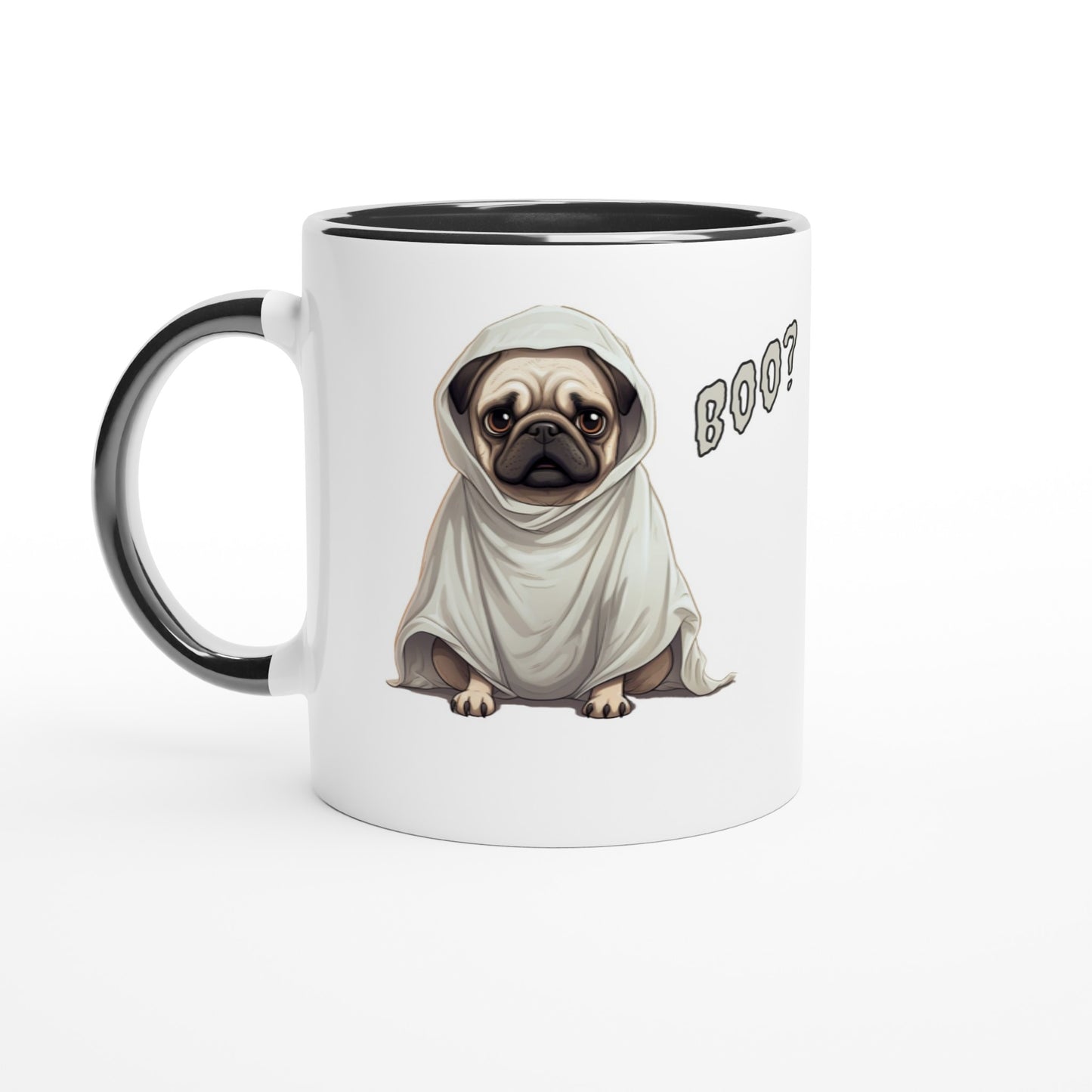 White mug with black handle, rim, and inside with a fawn-colored cartoon-style pug on it. The pug has a concerned expression and is wearing a ghost costume. The word "Boo?" is on the right side of the image.