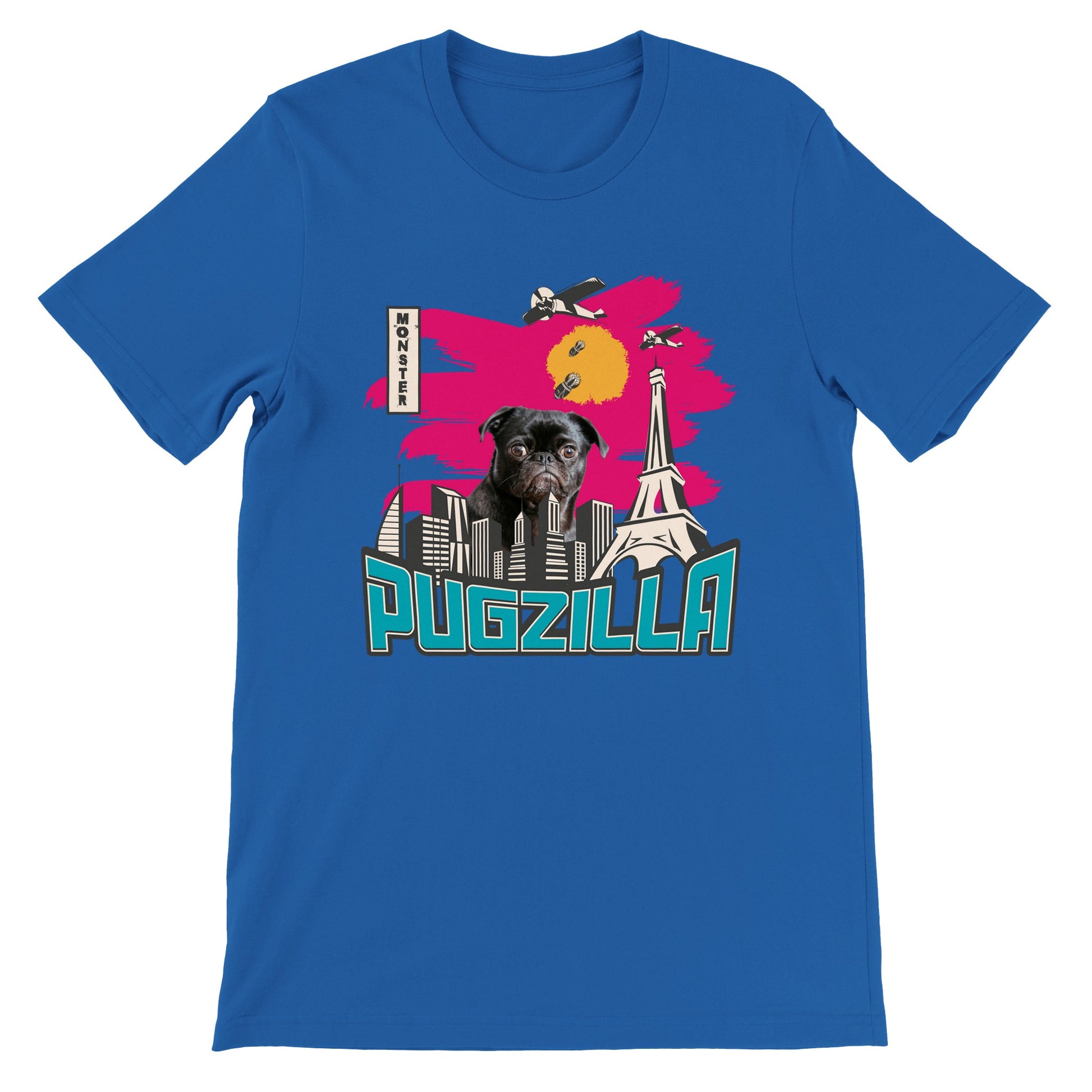 Royal blue t-shirt with the image of a black pug standing over a cityscape under a pink sky with jets dropping bombs on him and with the word "Pugzilla" under it.