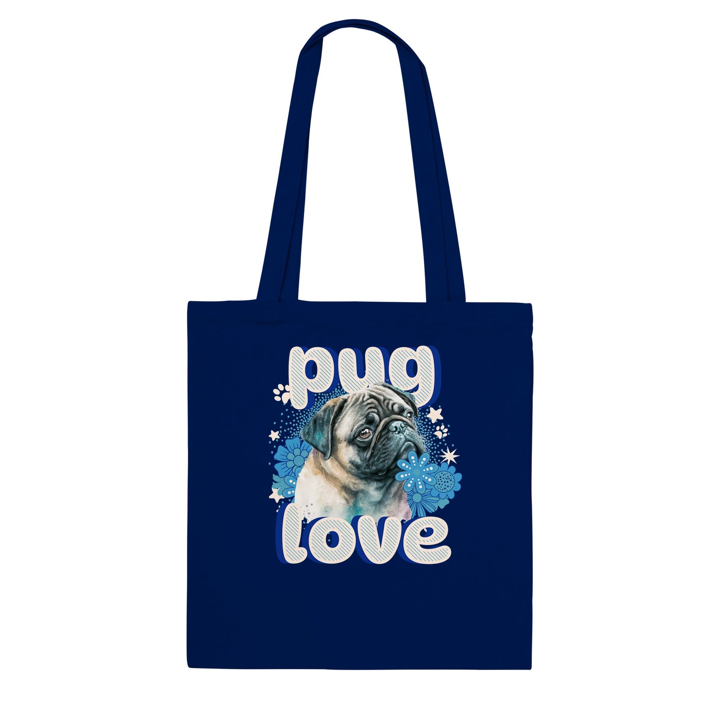 Navy blue tote bag with a pug's head and shoulders surrounded by blue flowers and white stars and paw prints with the word "pug" above and the word "love" below in puffy bubble letters.