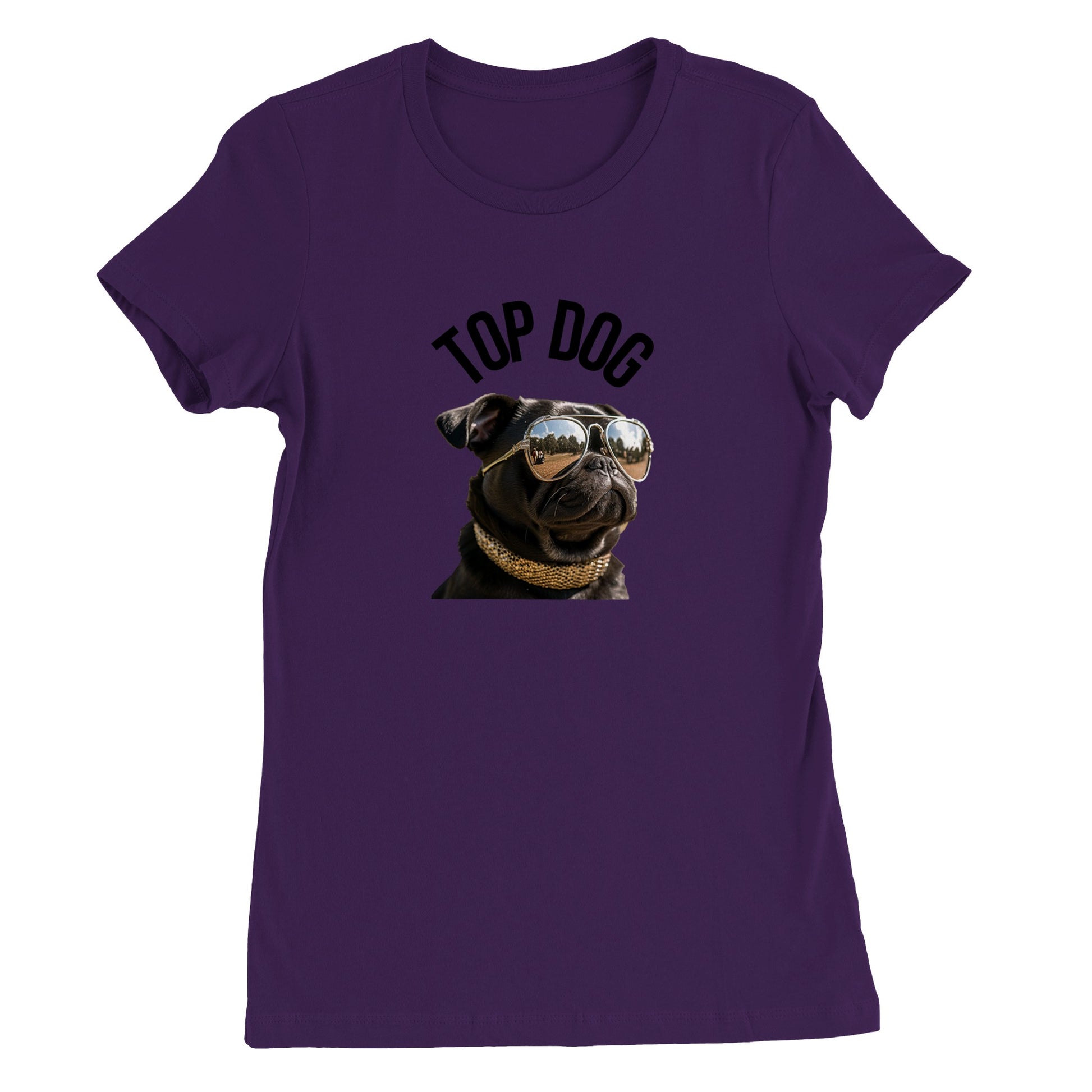 Purple t-shirt with the image of a black pug wearing reflective aviator sunglasses and a gold collar. The words "Top Dog" are written in an arc above the image.