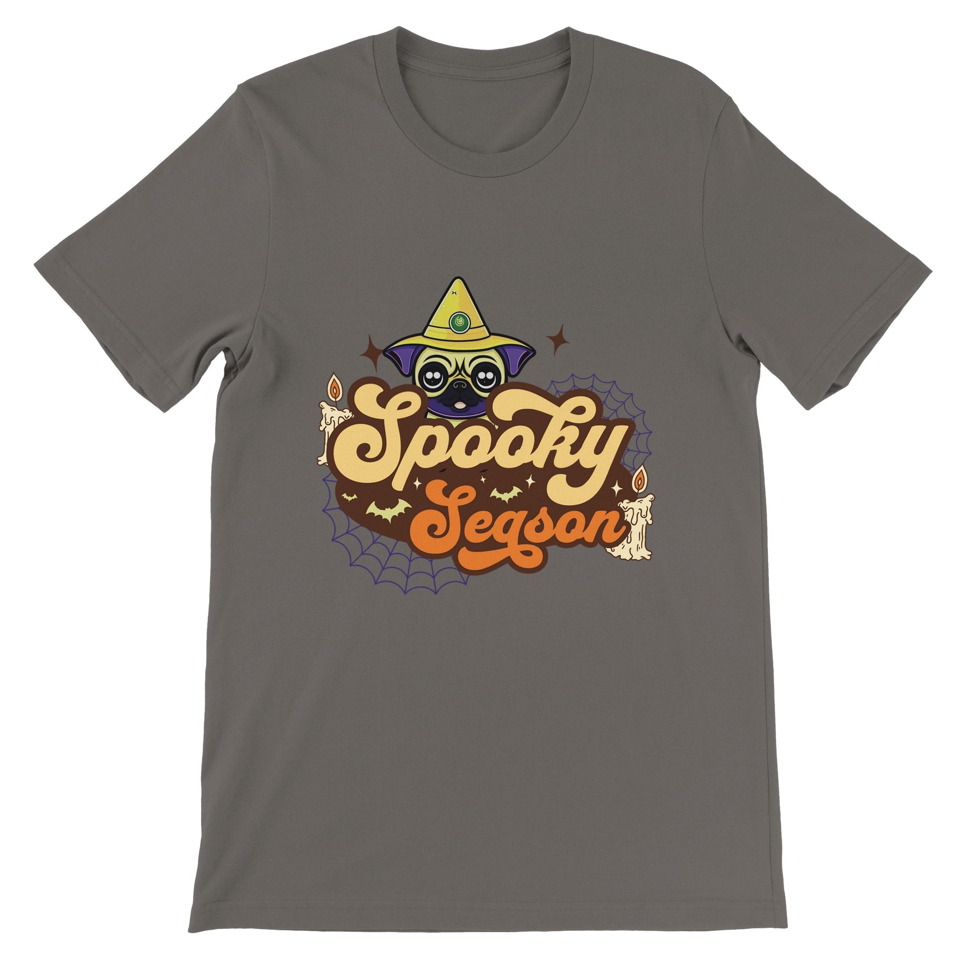 Asphalt gray t-shirt with the image of a pug's head in a witch's hat and the words "Spooky Season" below it. The image also has cobwebs, bats, and candles in it.