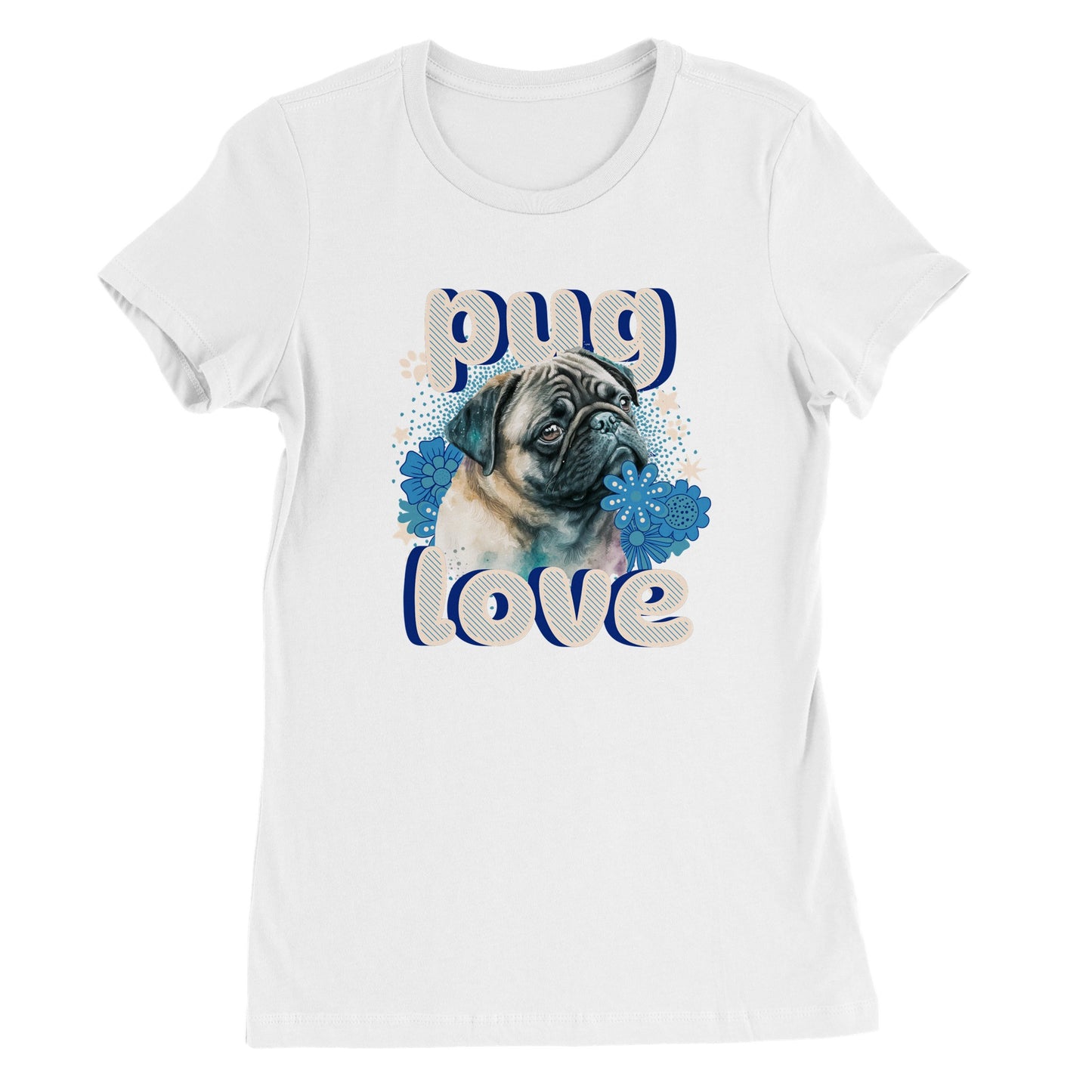 White t-shirt with a pug's head and shoulders surrounded by blue flowers and white stars and paw prints with the word "pug" above and the word "love" below in puffy bubble letters.