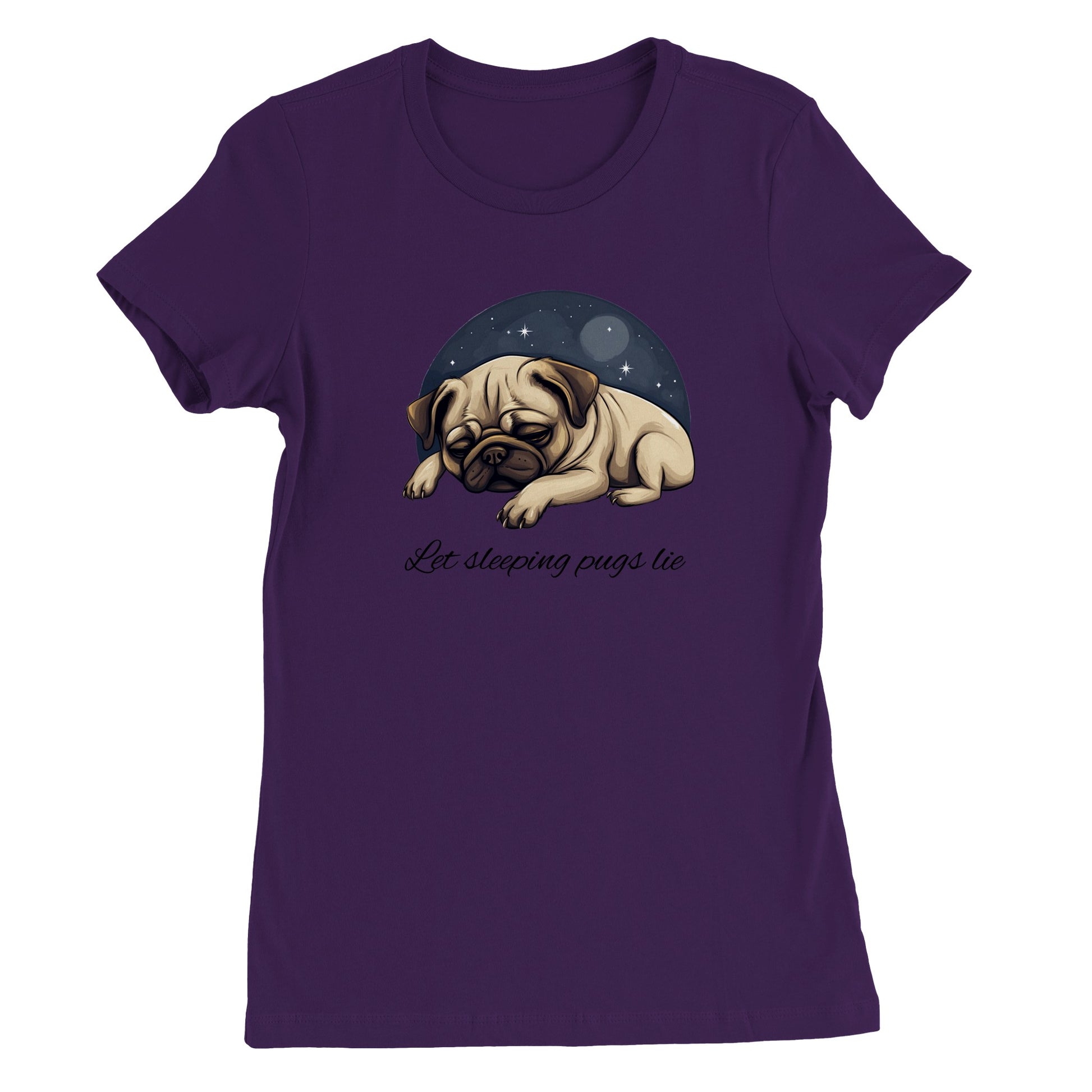 Purple t-shirt with a cartoonish picture of a sleeping pug surrounded by a half-circle of starry night sky with the words "Let sleeping pugs lie" under the image in cursive lettering.