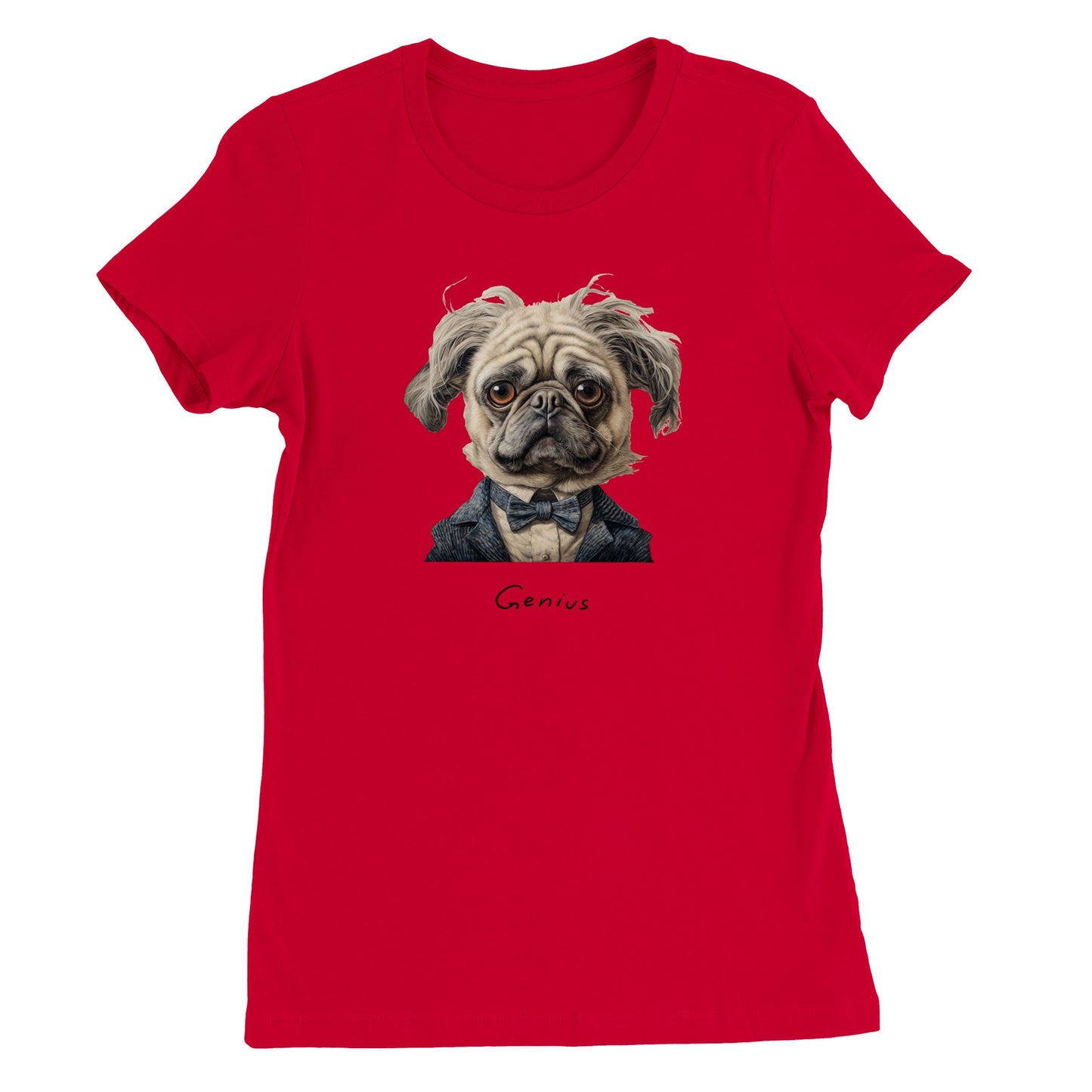 Red t-shirt with a pug that looks like Albert Einstein on it. Beneath the image is the word "Genius."