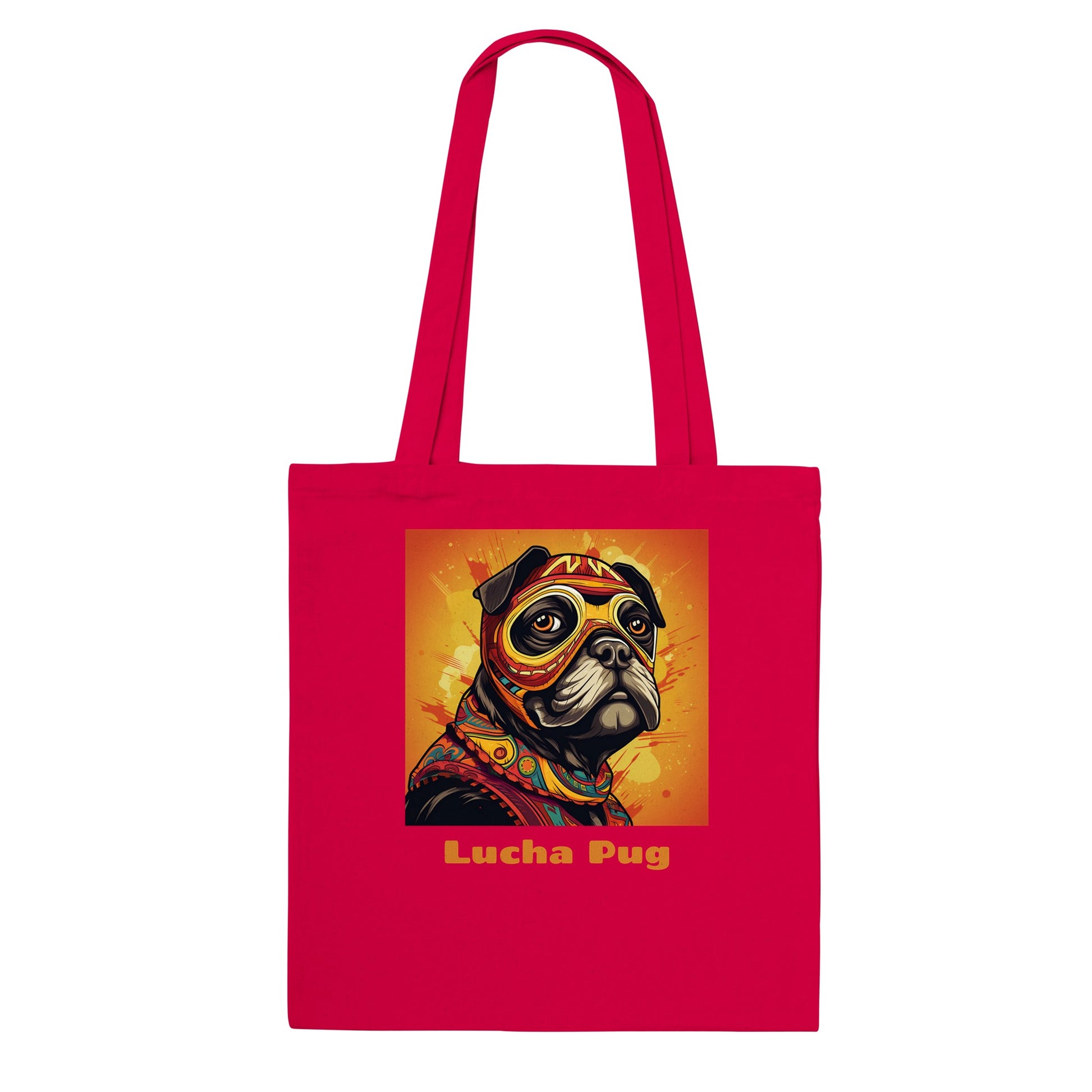 Red tote bag with the bust of a cartoon pug wearing an orange, red, and yellow luchador mask and costume on a fiery orange and yellow background