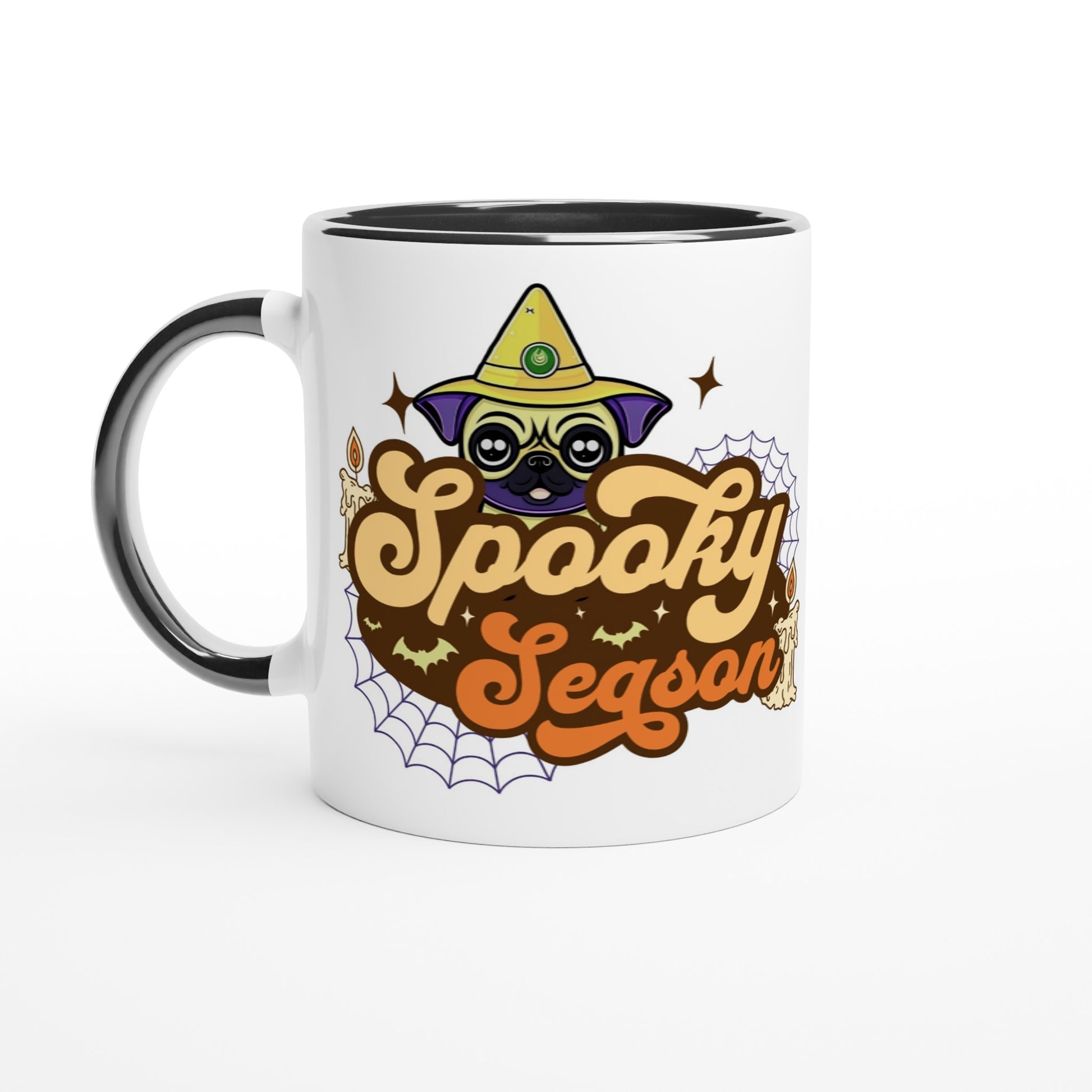 White mug with black handle, rim, and inside with the image of a pug's head in a witch's hat and the words "Spooky Season" below it. The image also has cobwebs, bats, and candles in it.