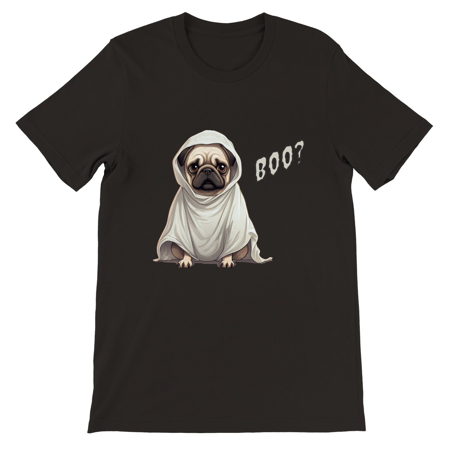 Black t-shirt with a fawn-colored cartoon-style pug on it. The pug has a concerned expression and is wearing a ghost costume. The word "Boo?" is on the right side of the image.