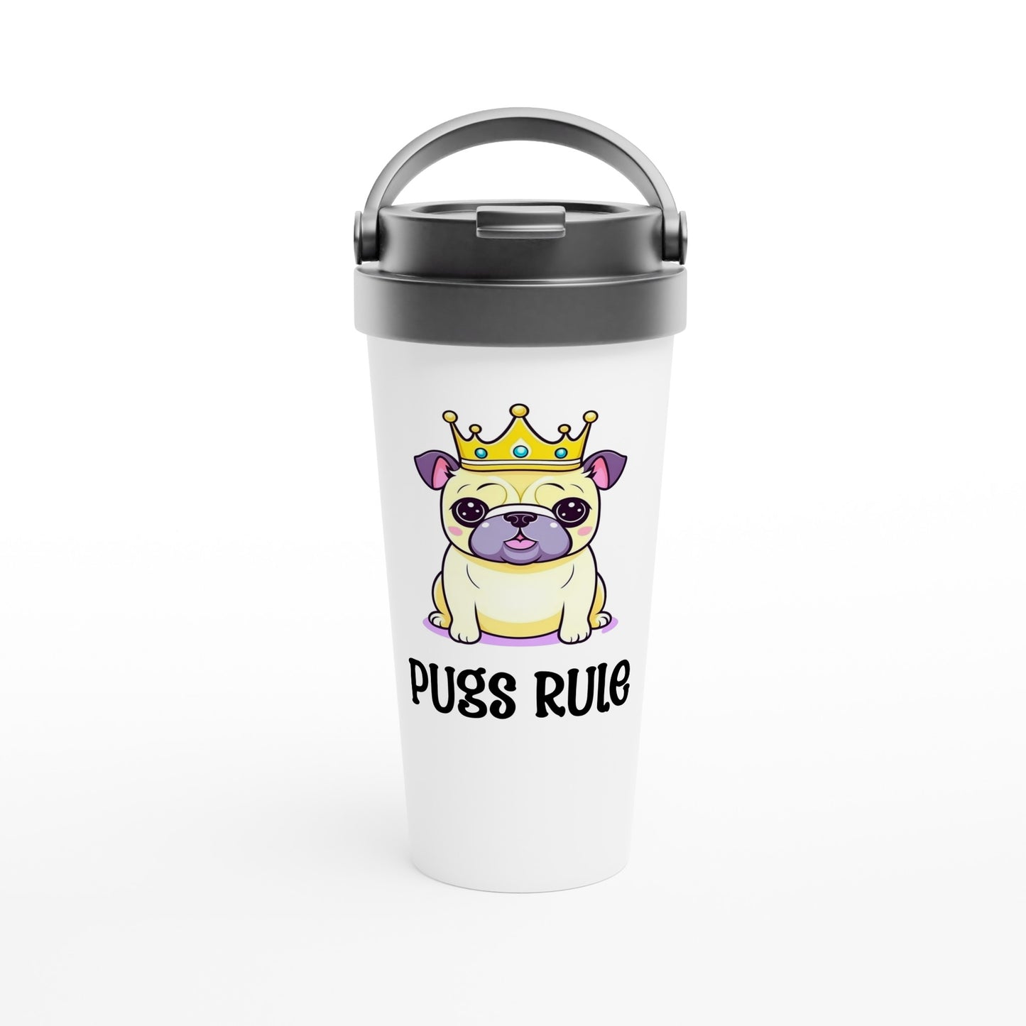 White stainless steel travel mug with  an image of a Kawaii-icon style pug on it. The pug is yellowy-beige with purple ears and purple-gray jowls, and the words "Pugs rule" are written under it.