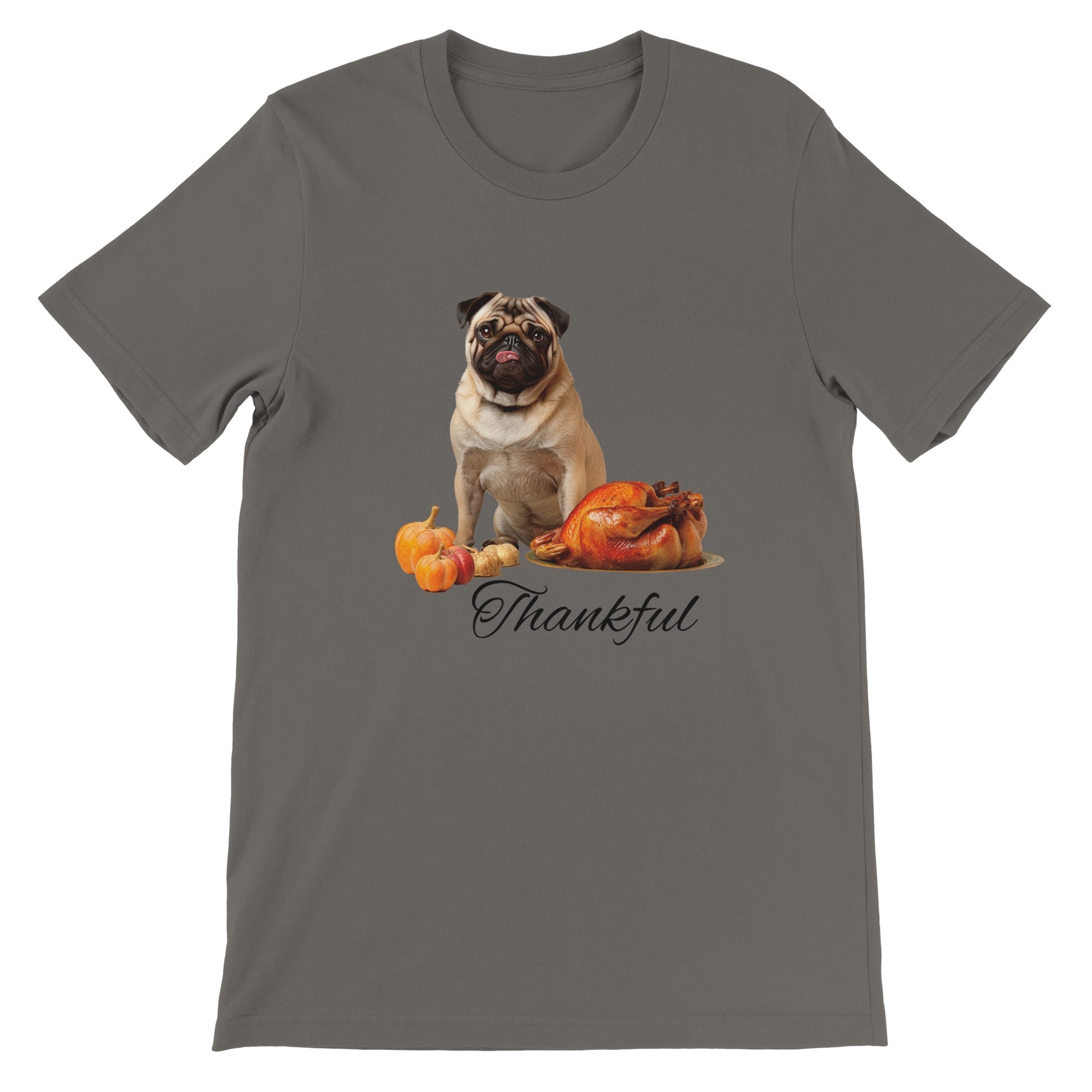 Asphalt t-shirt with a pug sitting behind pumpkins and a roast turkey with the word "Thankful" under it.