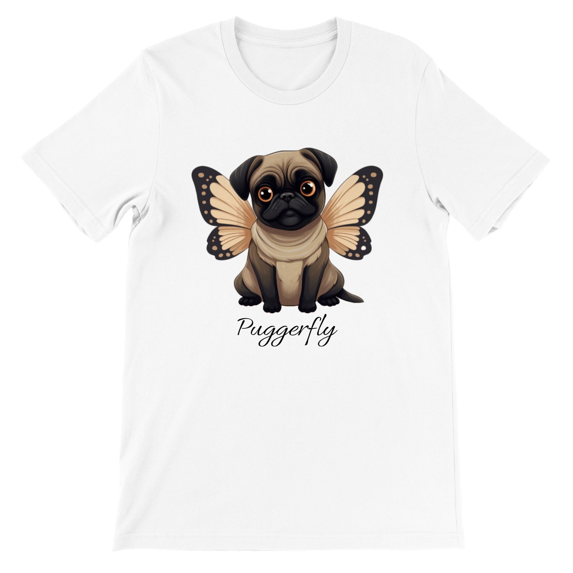 White t-shirt with a cartoon style picture of a fawn-colored pug with orangey-beige butterfly wings attached to her back and big sad eyes. The word "Puggerfly" is beneath the image.