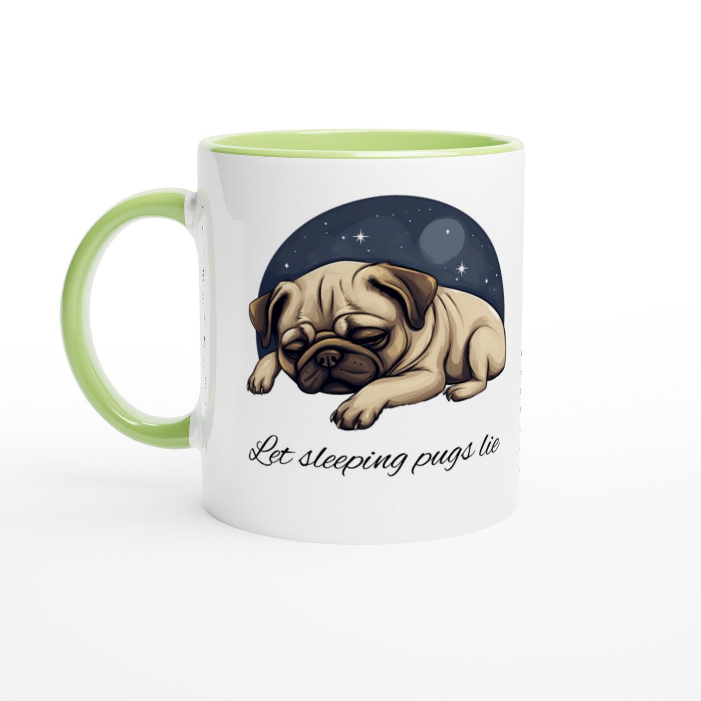 White mug with light green handle, rim, and inside with a cartoonish picture of a sleeping pug surrounded by a half-circle of starry night sky with the words "Let sleeping pugs lie" under the image in cursive lettering.