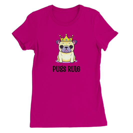 Dark pink t-shirt with  an image of a Kawaii-icon style pug on it. The pug is yellowy-beige with purple ears and purple-gray jowls, and the words "Pugs rule" are written under it.