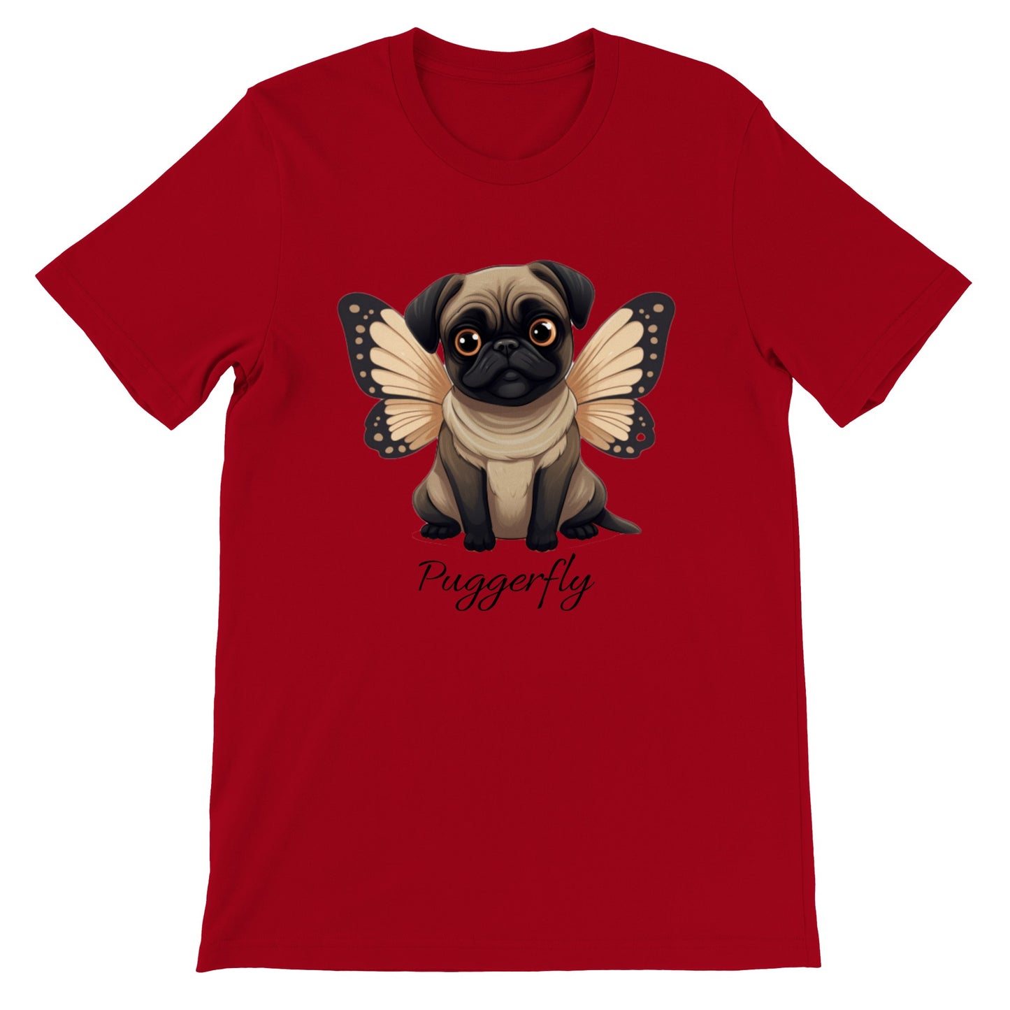 Red t-shirt with a cartoon style picture of a fawn-colored pug with orangey-beige butterfly wings attached to her back and big sad eyes. The word "Puggerfly" is beneath the image.