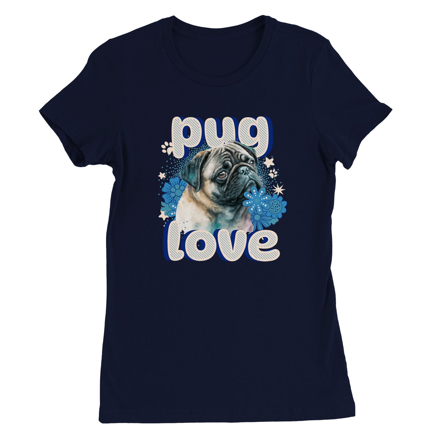 Navy blue t-shirt with a pug's head and shoulders surrounded by blue flowers and white stars and paw prints with the word "pug" above and the word "love" below in puffy bubble letters.