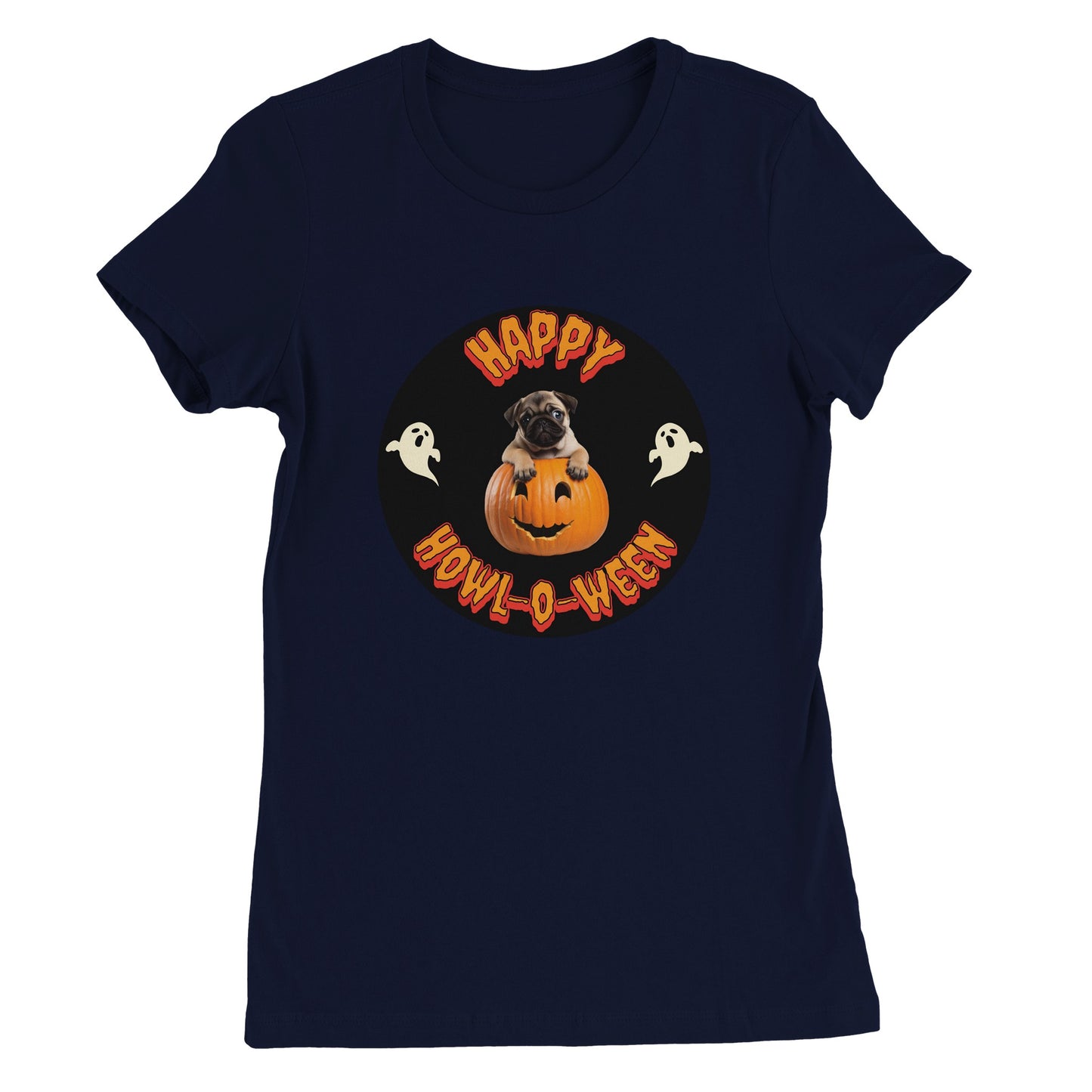 Navy t-shirt with a black circle in the middle. Centered in the circle is a pug puppy climbing out of a jack-o-lantern with the word "Happy" in orange spooky letters curved above the image and "Howl-o-ween" in orange spooky letters curved below the image and a white ghost on either side of the image.