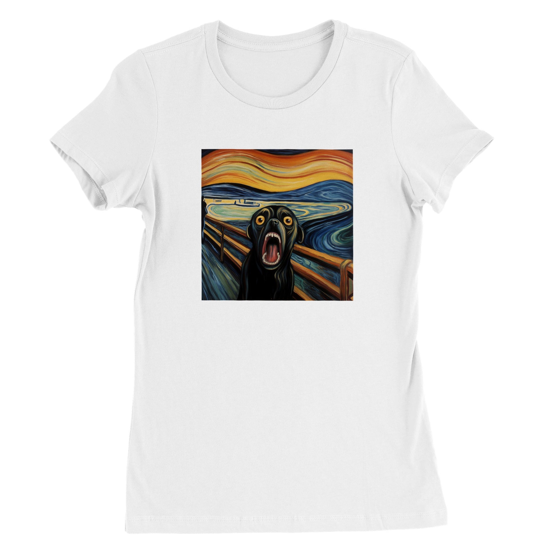 White t-shirt with a pug version of Edvard Munch's "The Scream" 