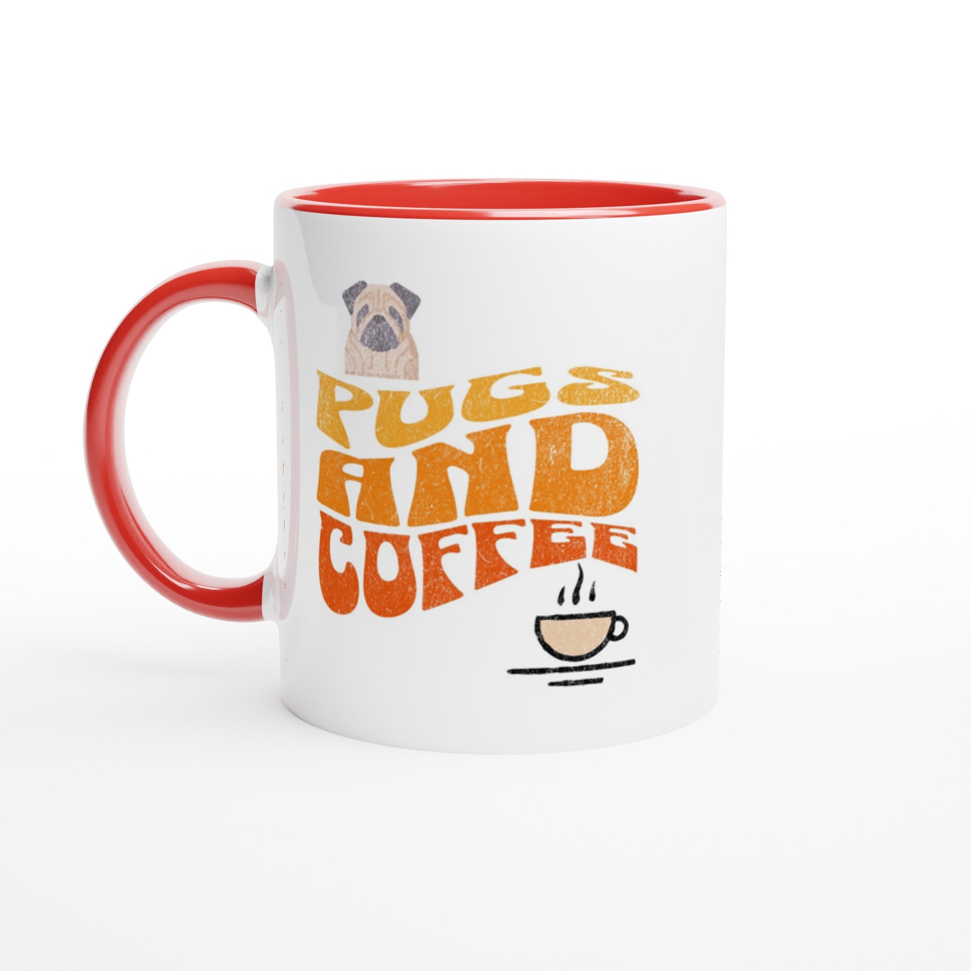 White mug with red handle, rim, and inside with  the words "Pugs and Coffee" in yellow, orange, and red in a retro, faded, wavy style. There is a picture of a cartoon pug above the words on the left and a line-drawing of a steaming cup of coffee below the words on the right.