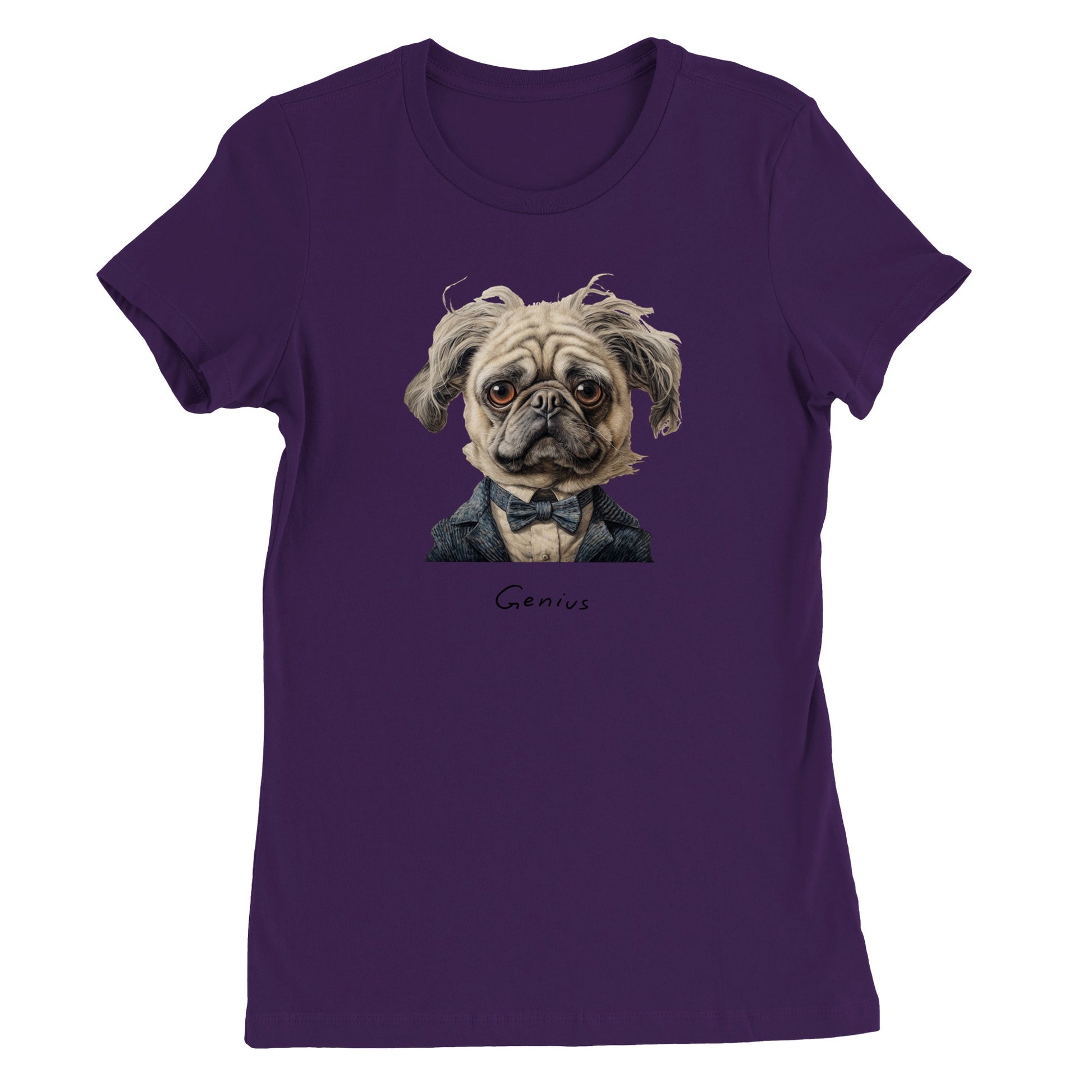 Purple t-shirt with a pug that looks like Albert Einstein on it. Beneath the image is the word "Genius."