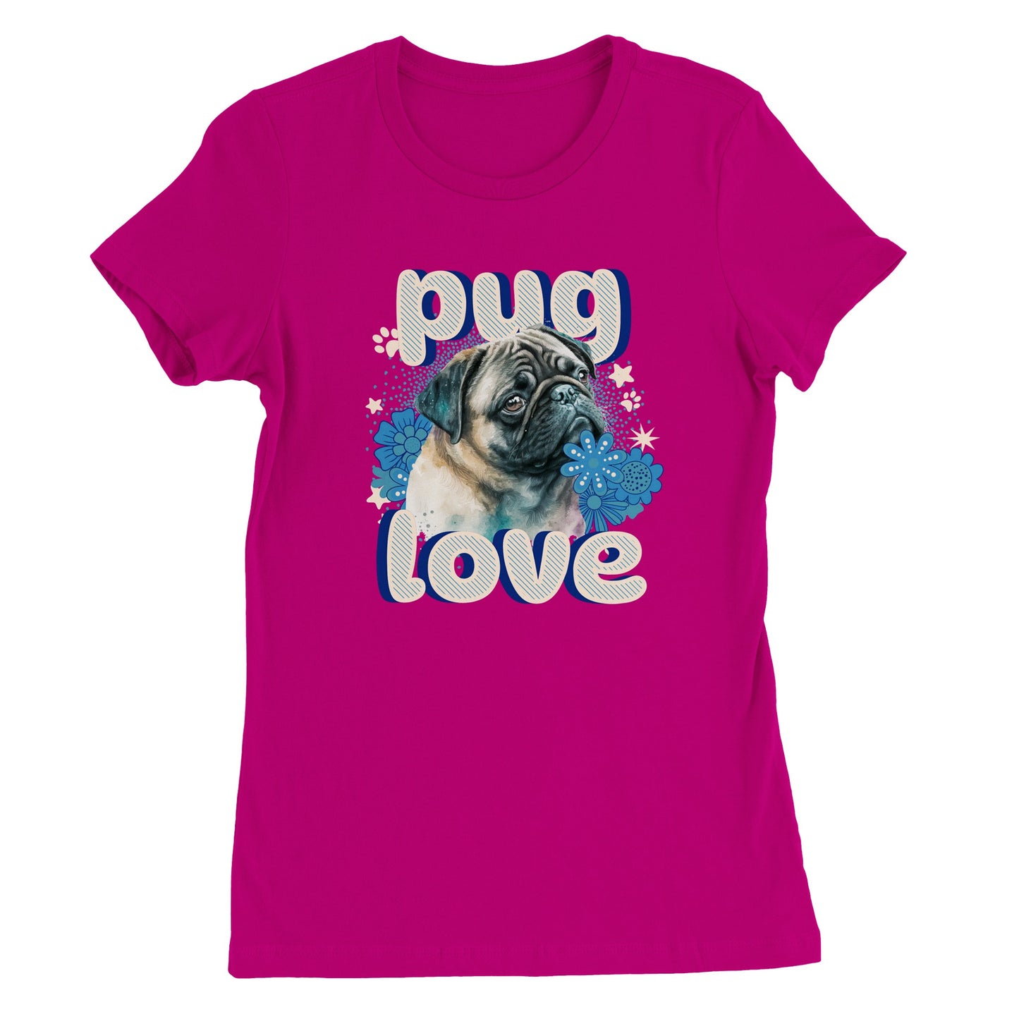 Dark pink t-shirt with a pug's head and shoulders surrounded by blue flowers and white stars and paw prints with the word "pug" above and the word "love" below in puffy bubble letters.