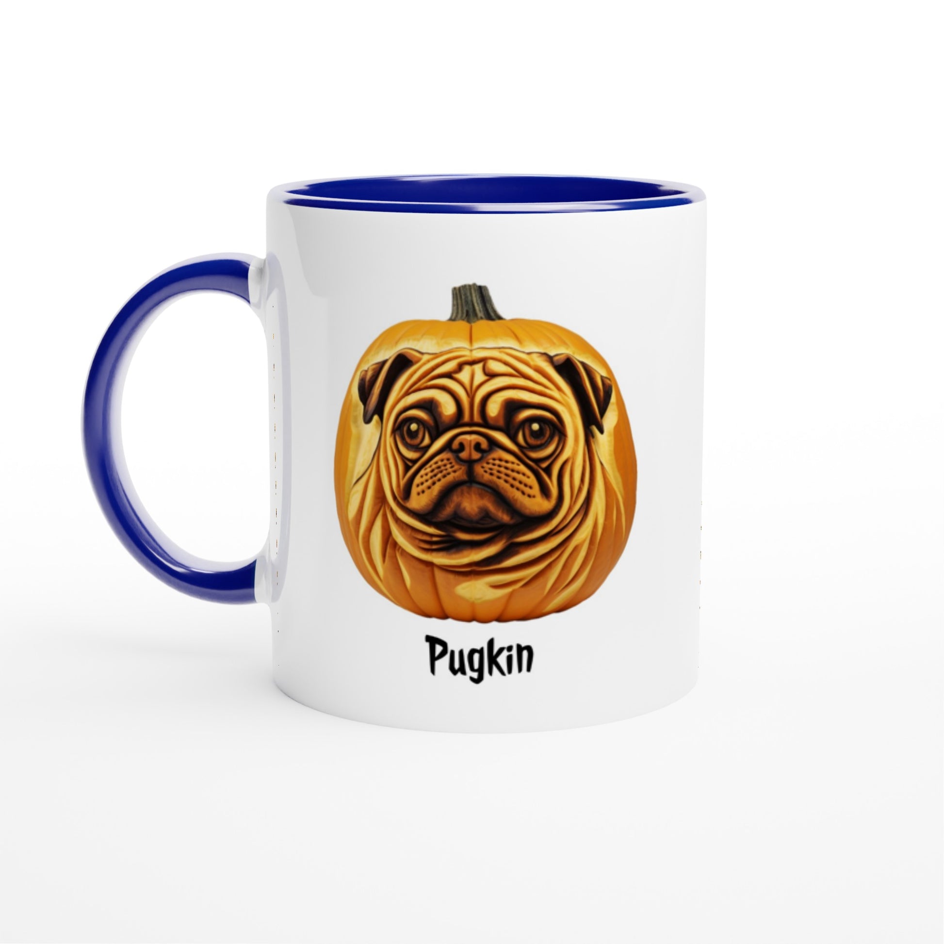 White ceramic mug with a blue handle, rim, and inside with a pumpkin that has the face of a pug on it. The word Pugkin is written beneath the image.