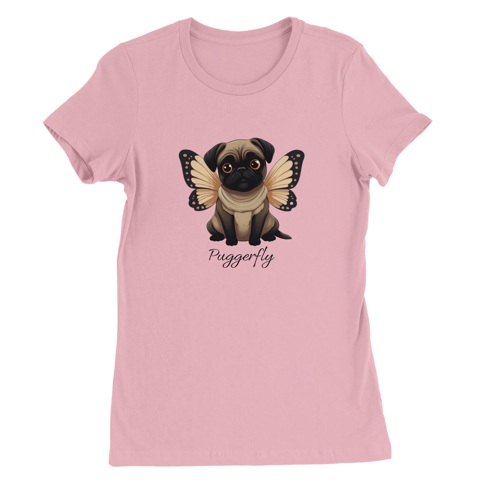 Light pink t-shirt with a cartoon style picture of a fawn-colored pug with orangey-beige butterfly wings attached to her back and big sad eyes. The word "Puggerfly" is beneath the image.