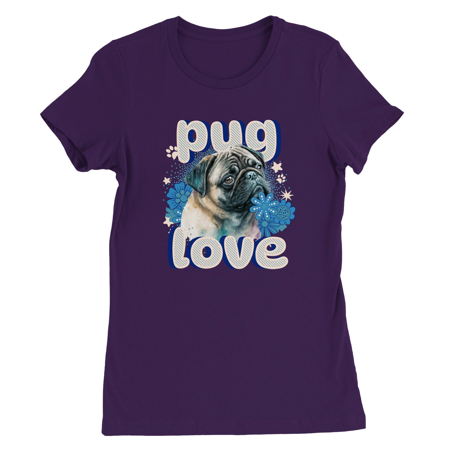 Purple t-shirt with a pug's head and shoulders surrounded by blue flowers and white stars and paw prints with the word "pug" above and the word "love" below in puffy bubble letters.