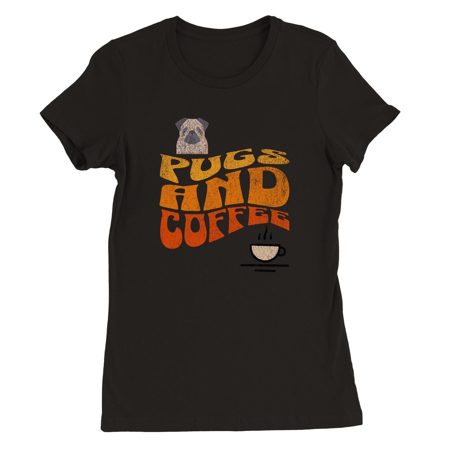 Black t-shirt with  the words "Pugs and Coffee" in yellow, orange, and red in a retro, faded, wavy style. There is a picture of a cartoon pug above the words on the left and a line-drawing of a steaming cup of coffee below the words on the right.