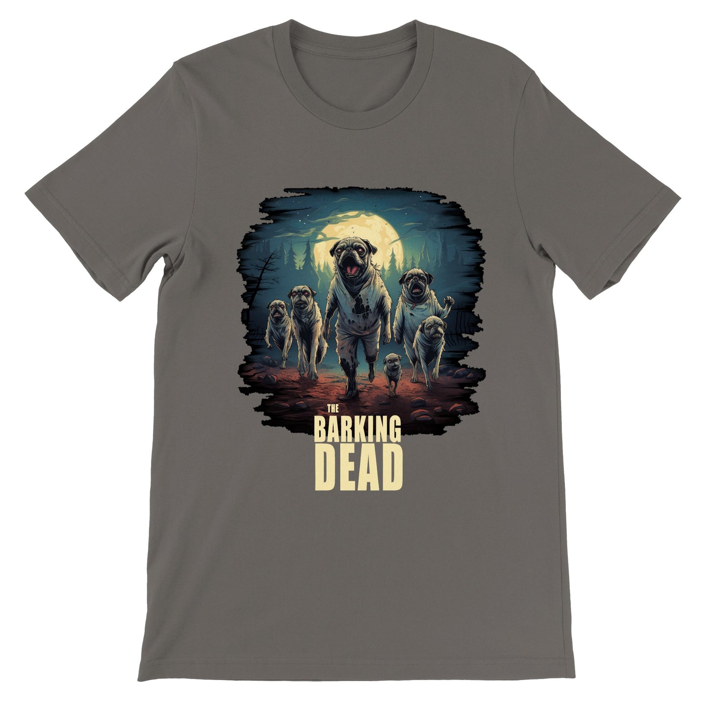 Asphalt gray t-shirt with the image of a group of zombie pugs walking through a forest on a spooky moonlit night with the words "The barking dead" underneath the image